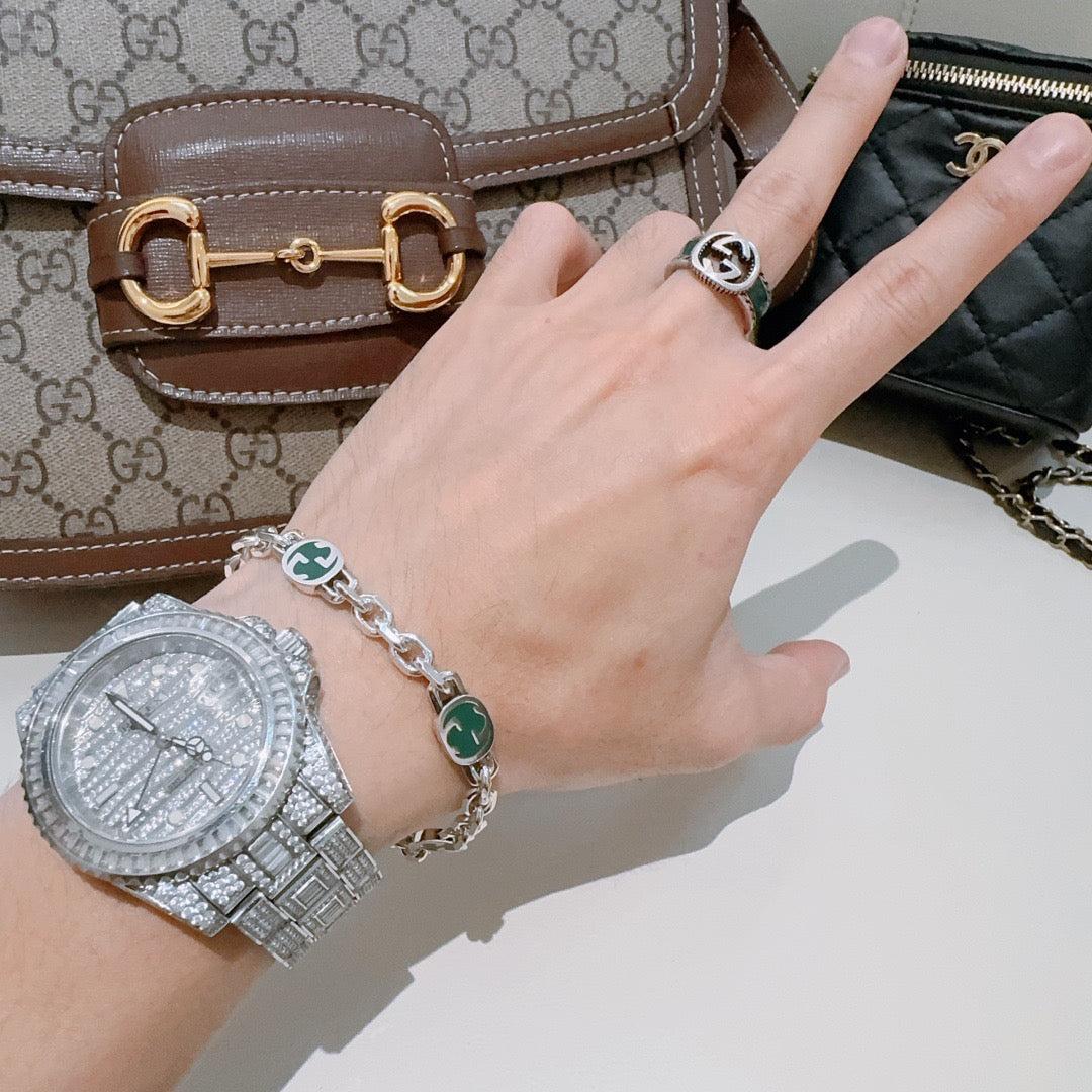 Geometric Emblem Bracelet in Polished Metal-Tone – Design 042 front product view