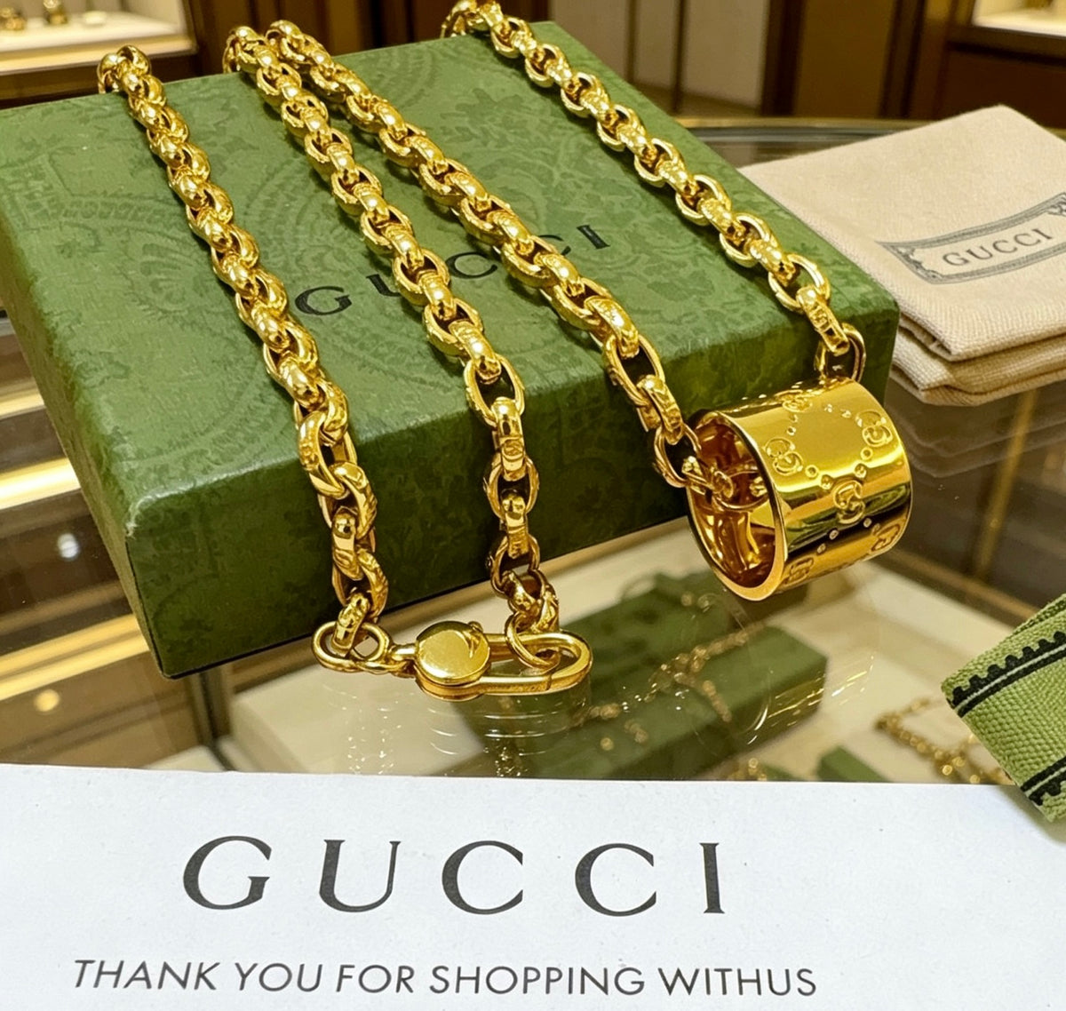 Double-G Emblem Pendant Necklace in Gold-Tone – Design 012 front product view