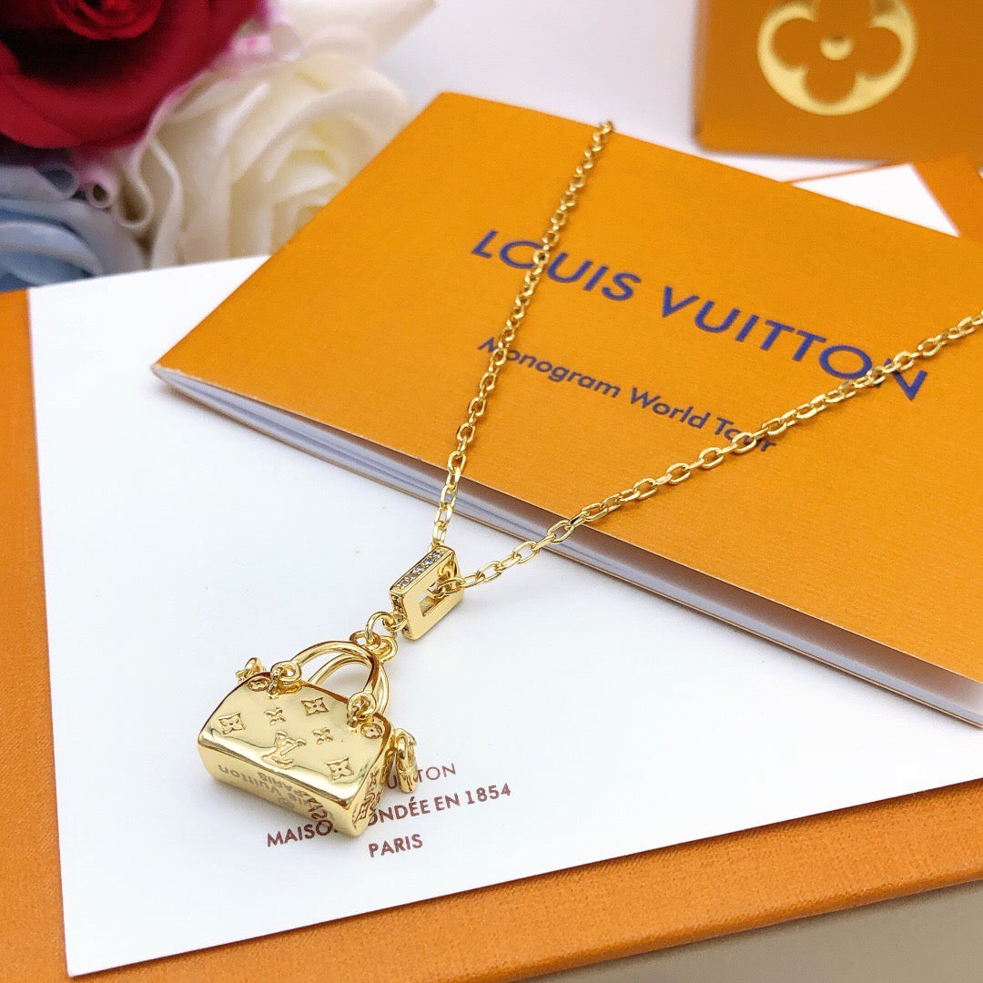 Bag Motif Pendant Necklace in Polished Metal-Tone – Bag Detail – Design 002 front product view