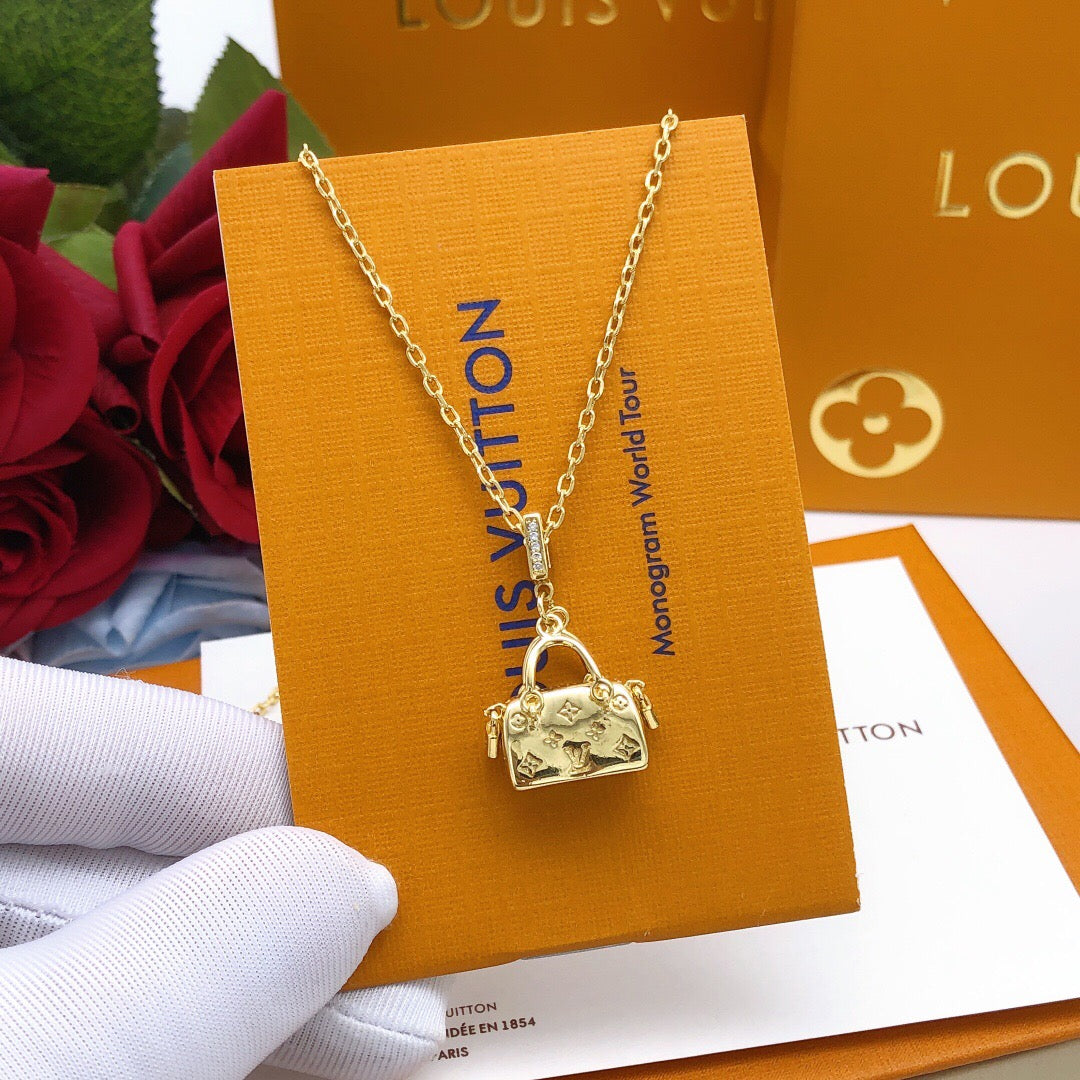 Bag Motif Pendant Necklace in Polished Metal-Tone – Bag Detail close-up detail