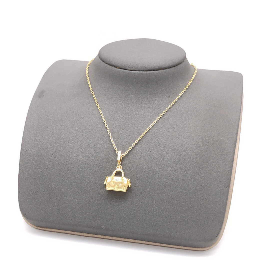 Bag Motif Pendant Necklace in Polished Metal-Tone – Bag Detail – Design 002 front product view
