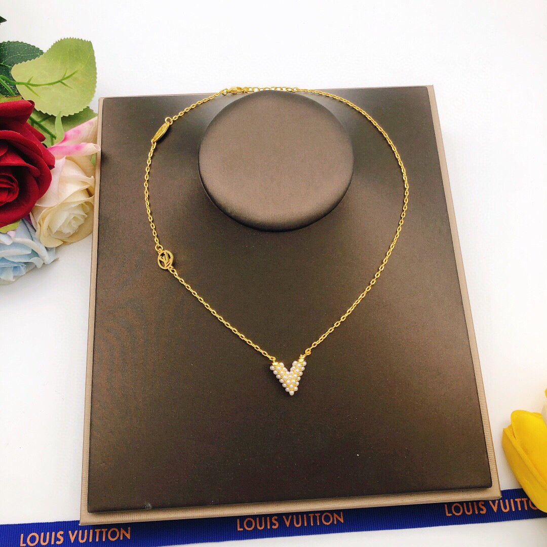 Geometric Emblem Pendant Necklace in Gold-Tone – Pearl Detail – Design 002 front product view