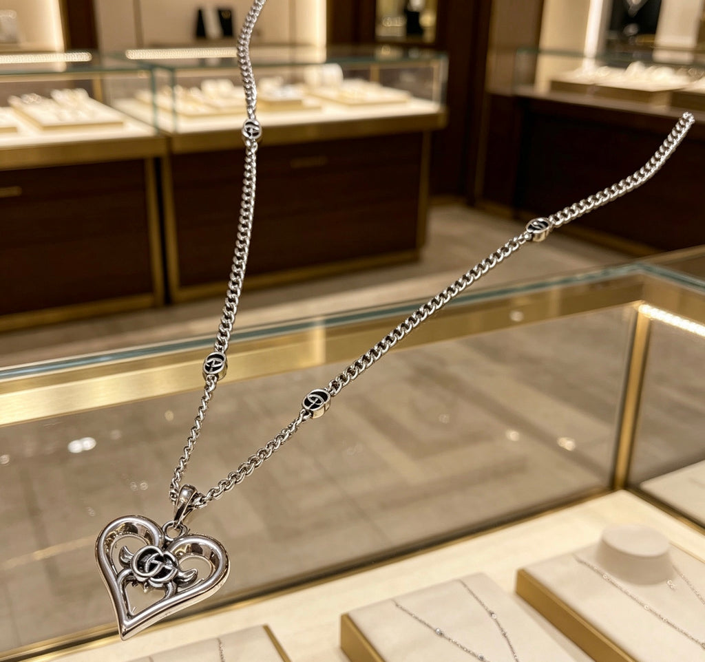 Double-G Emblem Pendant Necklace in Polished Metal-Tone – Design 080 front product view