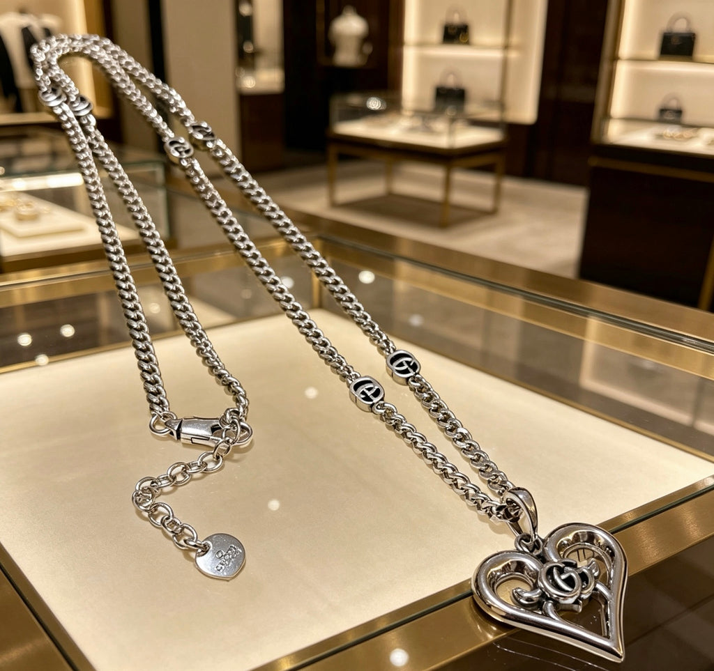Double-G Emblem Pendant Necklace in Polished Metal-Tone – Design 091 main product view