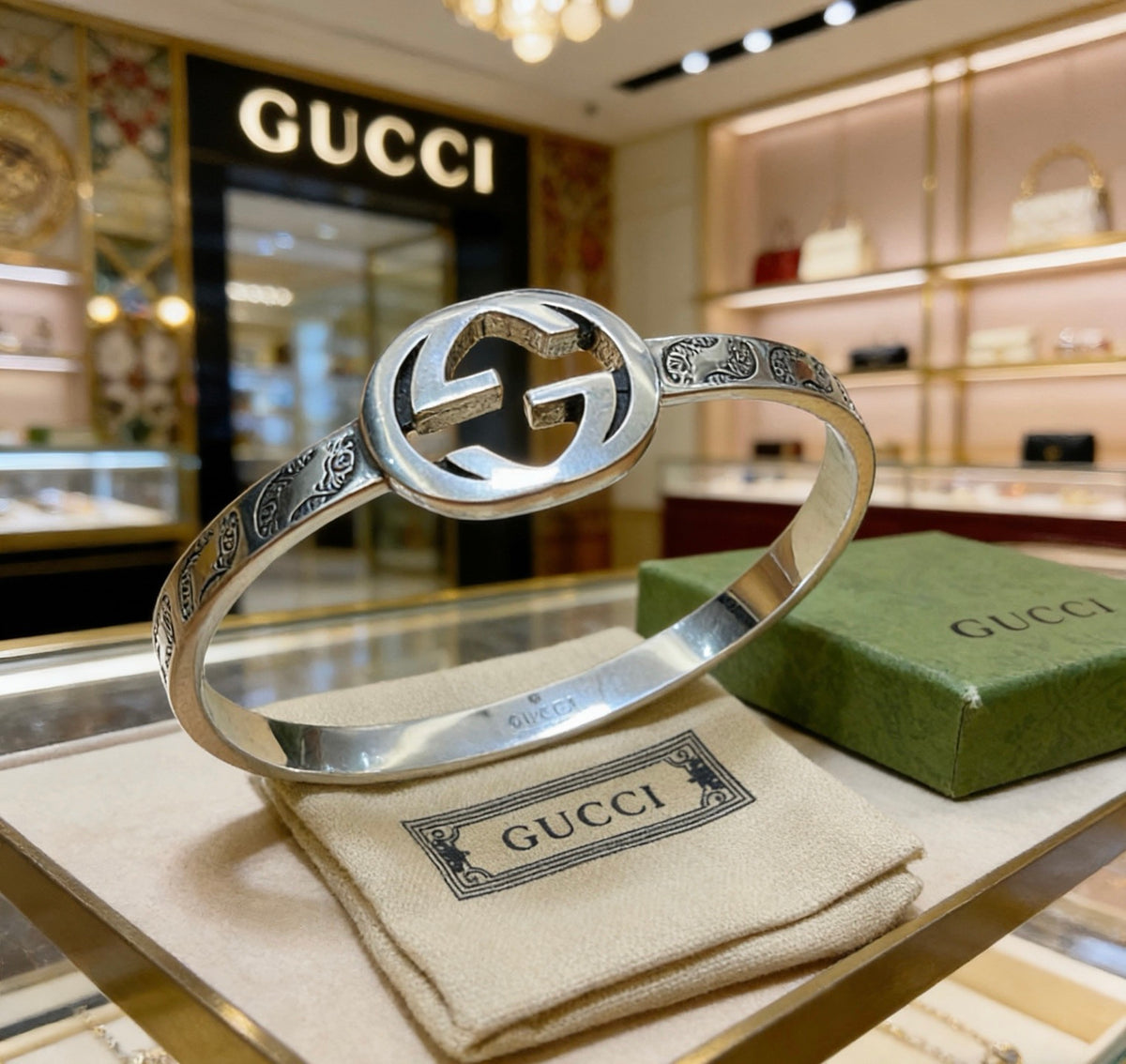 Double-G Emblem Bangle in Polished Metal-Tone – Design 011 front product view