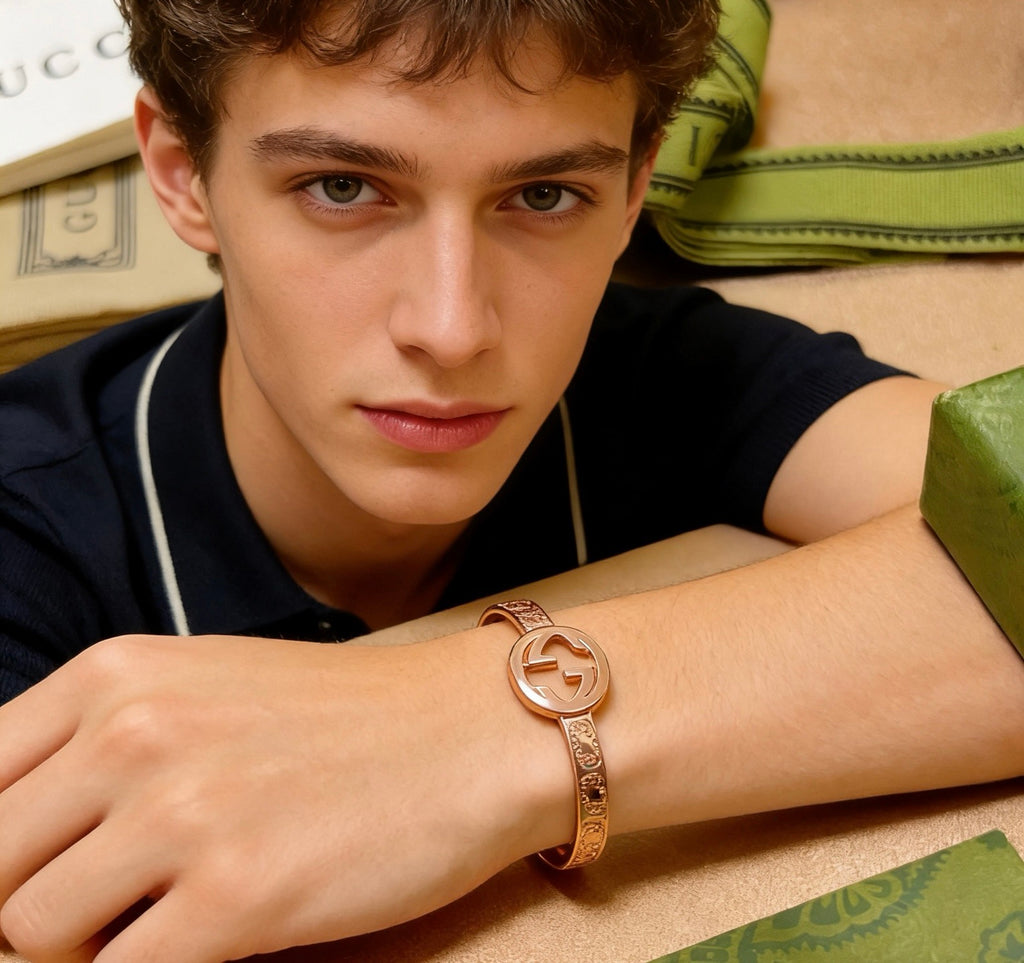 Double-G Emblem Bangle in Polished Metal-Tone – Design 002 front product view