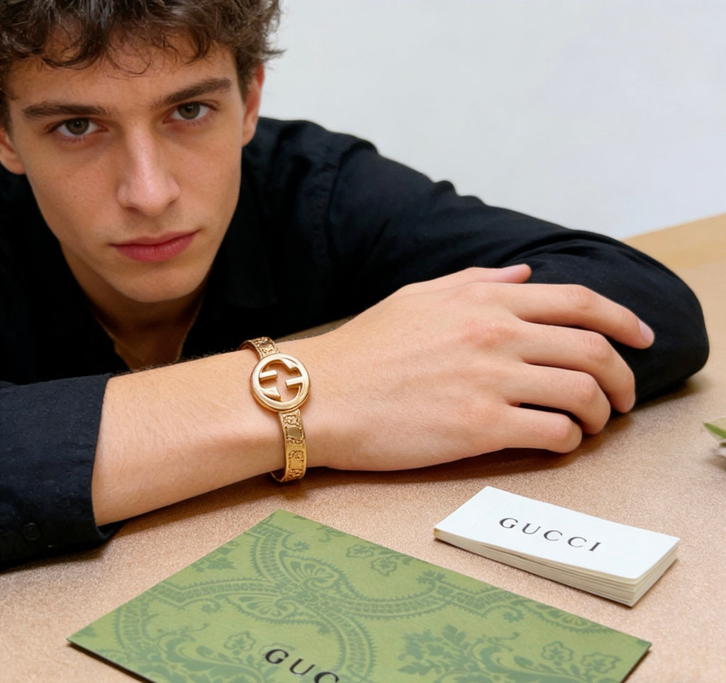 Double-G Emblem Bangle in Polished Metal-Tone – Design 010 styled product view