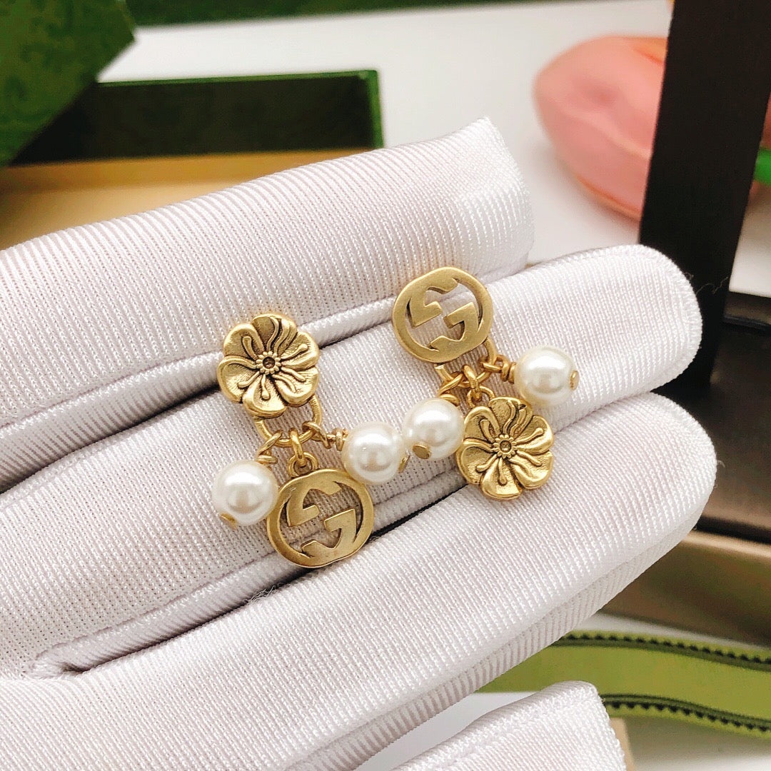 Floral Stud Earrings in Polished Metal-Tone – Design 005 front product view