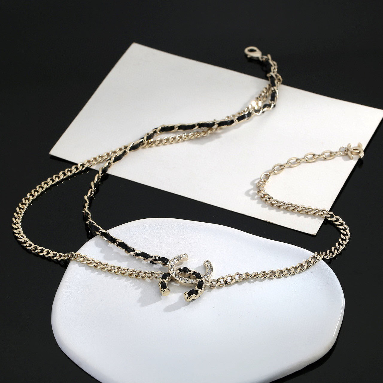 Signature Emblem Pendant Necklace in Gold-Tone – Black Detail – Design 008 side detail