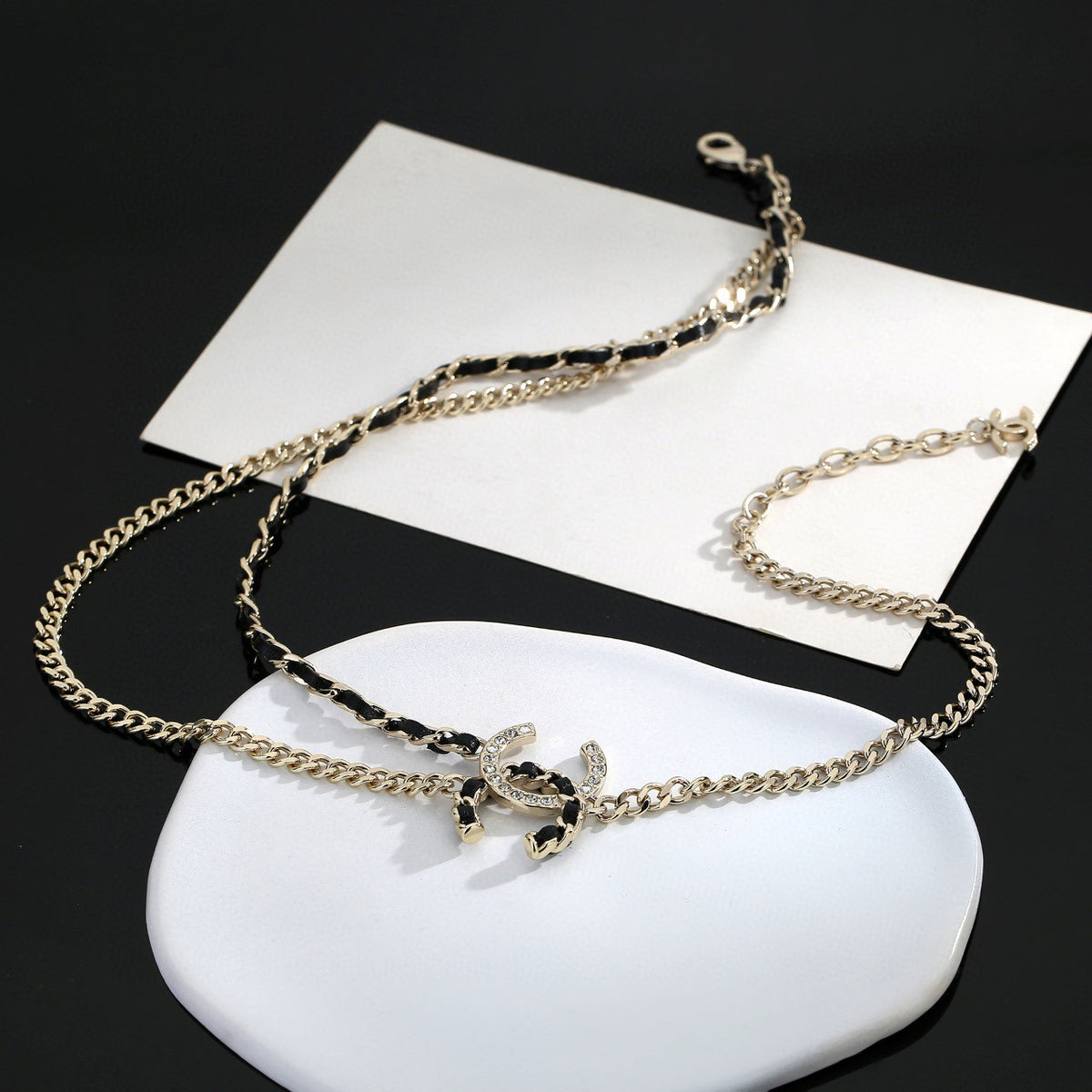 Signature Emblem Pendant Necklace in Gold-Tone – Black Detail – Design 010 side detail