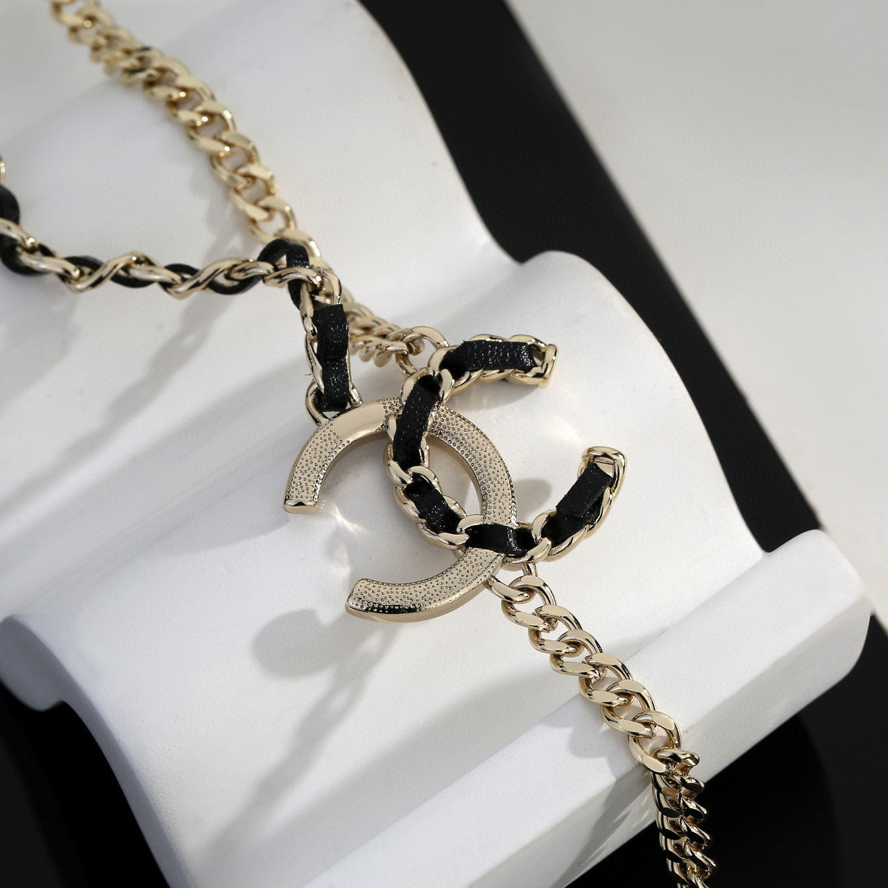 Signature Emblem Pendant Necklace in Gold-Tone – Black Detail – Design 010 close-up detail