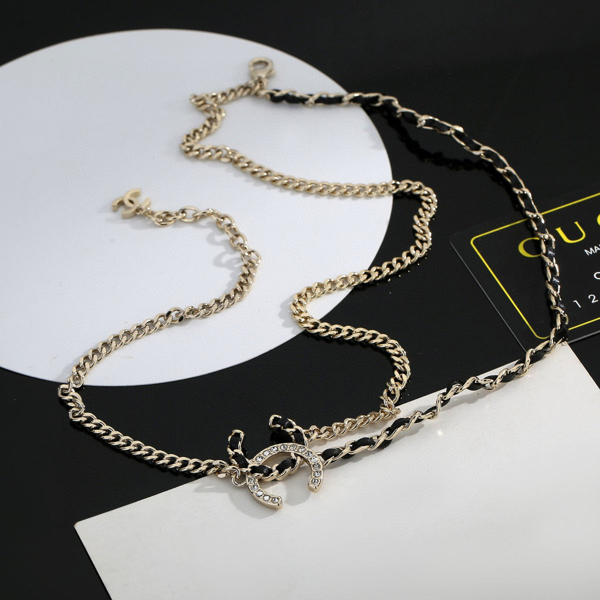 Signature Emblem Pendant Necklace in Gold-Tone – Black Detail – Design 008 front product view