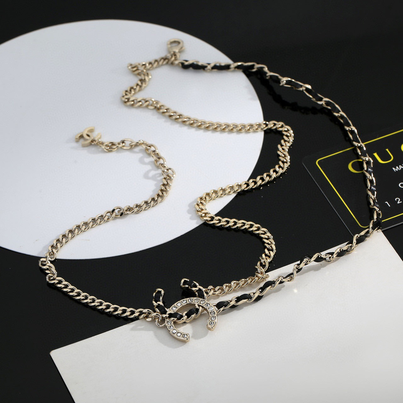 Signature Emblem Pendant Necklace in Gold-Tone – Black Detail – Design 010 front product view