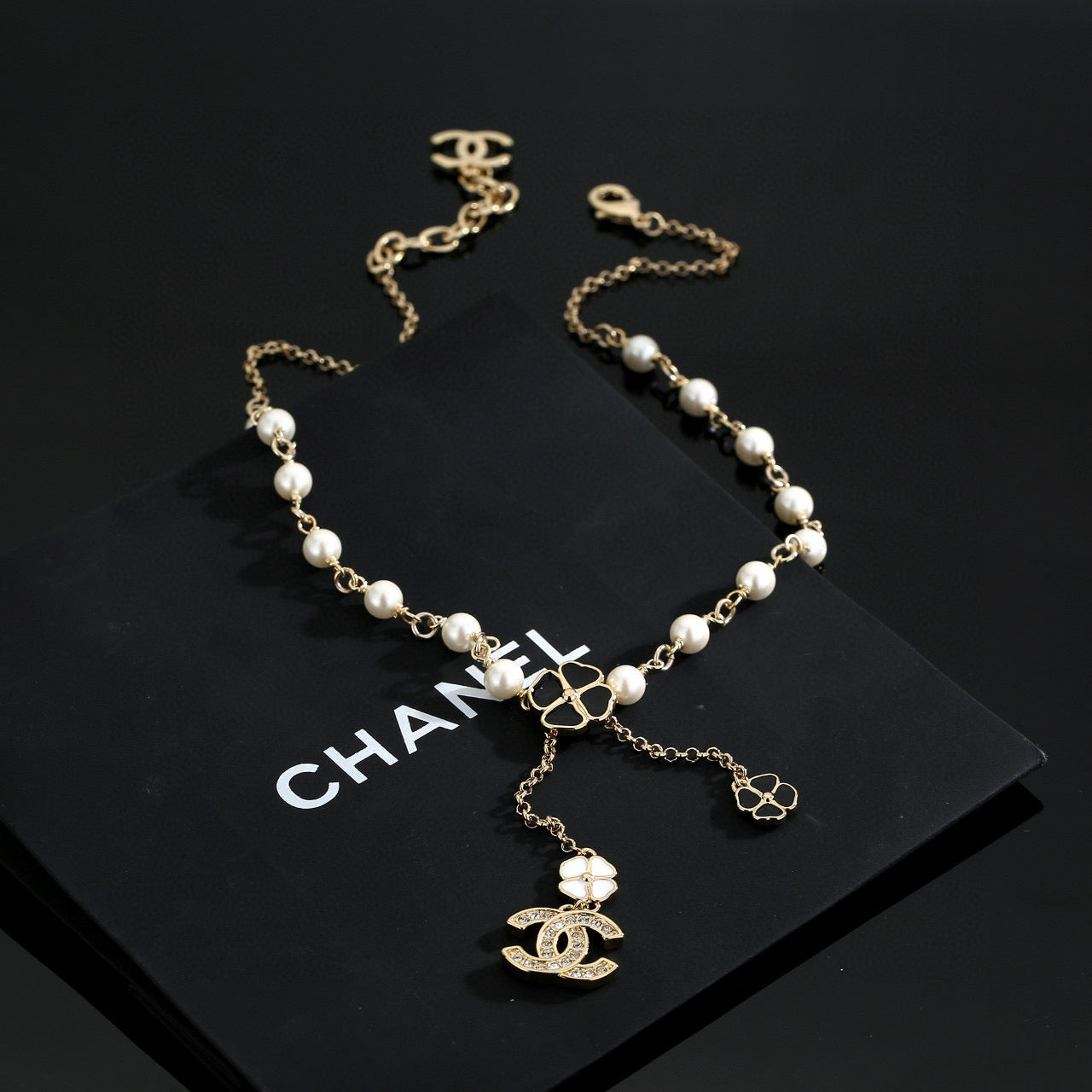 Double-C Emblem Pearl-Detail Pendant Necklace – Pearl Detail – Design 025 front product view
