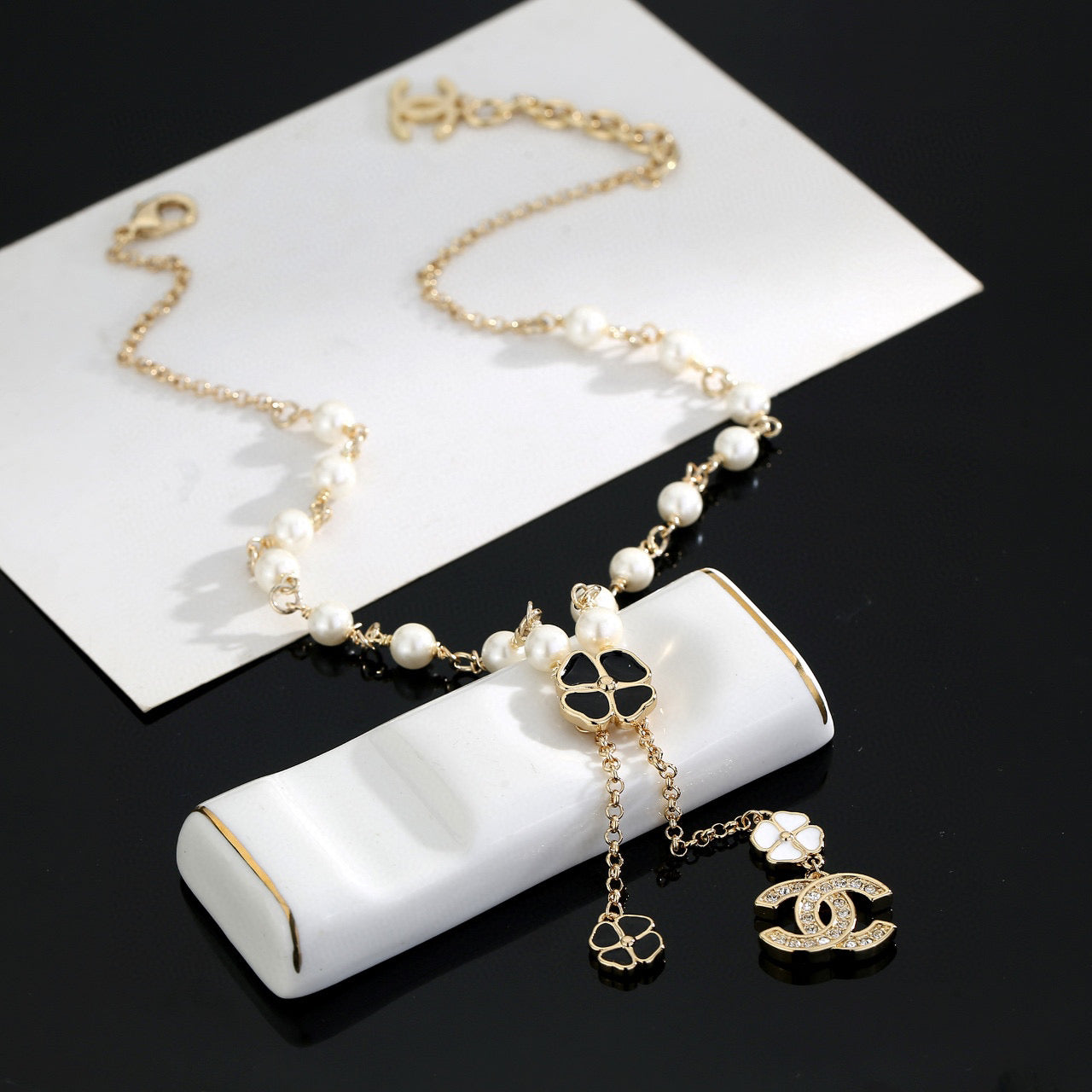 Double-C Emblem Pearl-Detail Pendant Necklace – Pearl Detail – Design 026 close-up detail