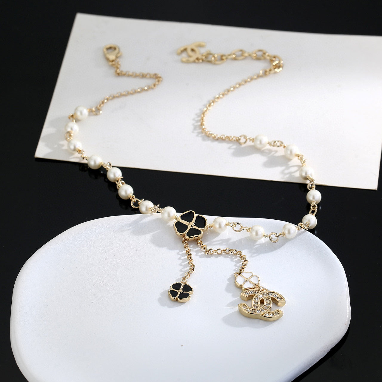 Double-C Emblem Pearl-Detail Pendant Necklace – Pearl Detail – Design 026 side detail