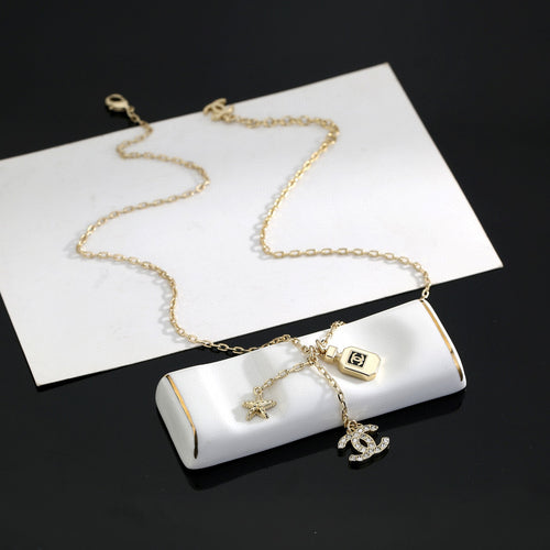 Double-C Emblem Pendant Necklace in Polished Metal-Tone – Design 010 front product view