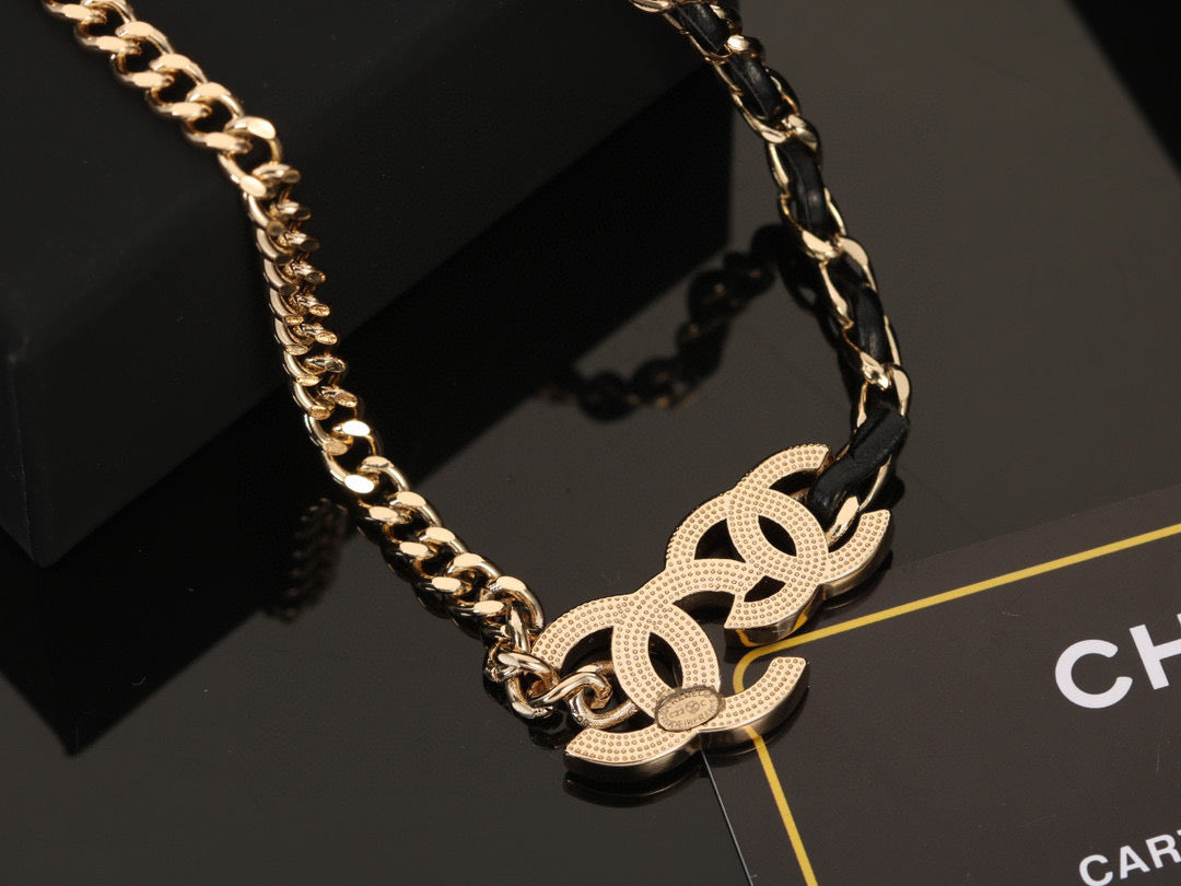 Signature Emblem Pendant Necklace in Gold-Tone – Black Detail – Design 009 front product view