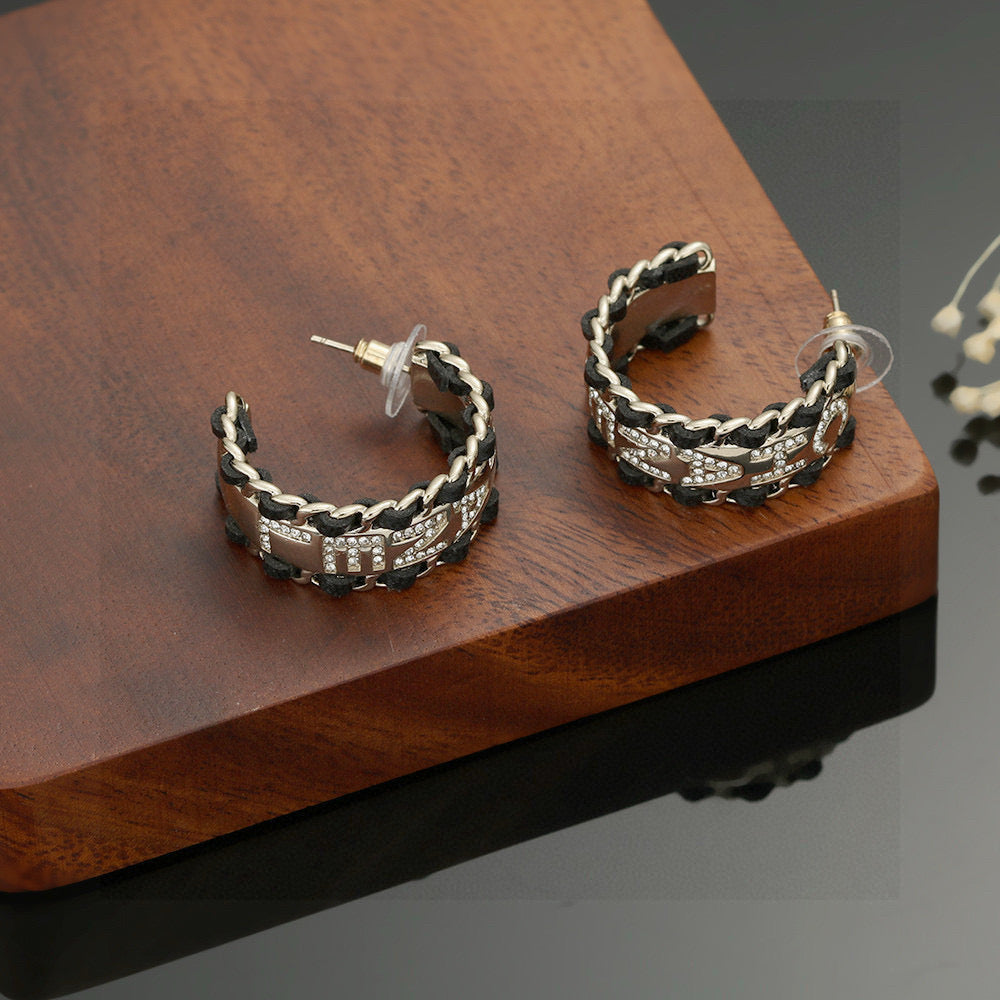 Signature Emblem Stud Earrings in Silver-Tone – Black Detail – Design 002 front product view