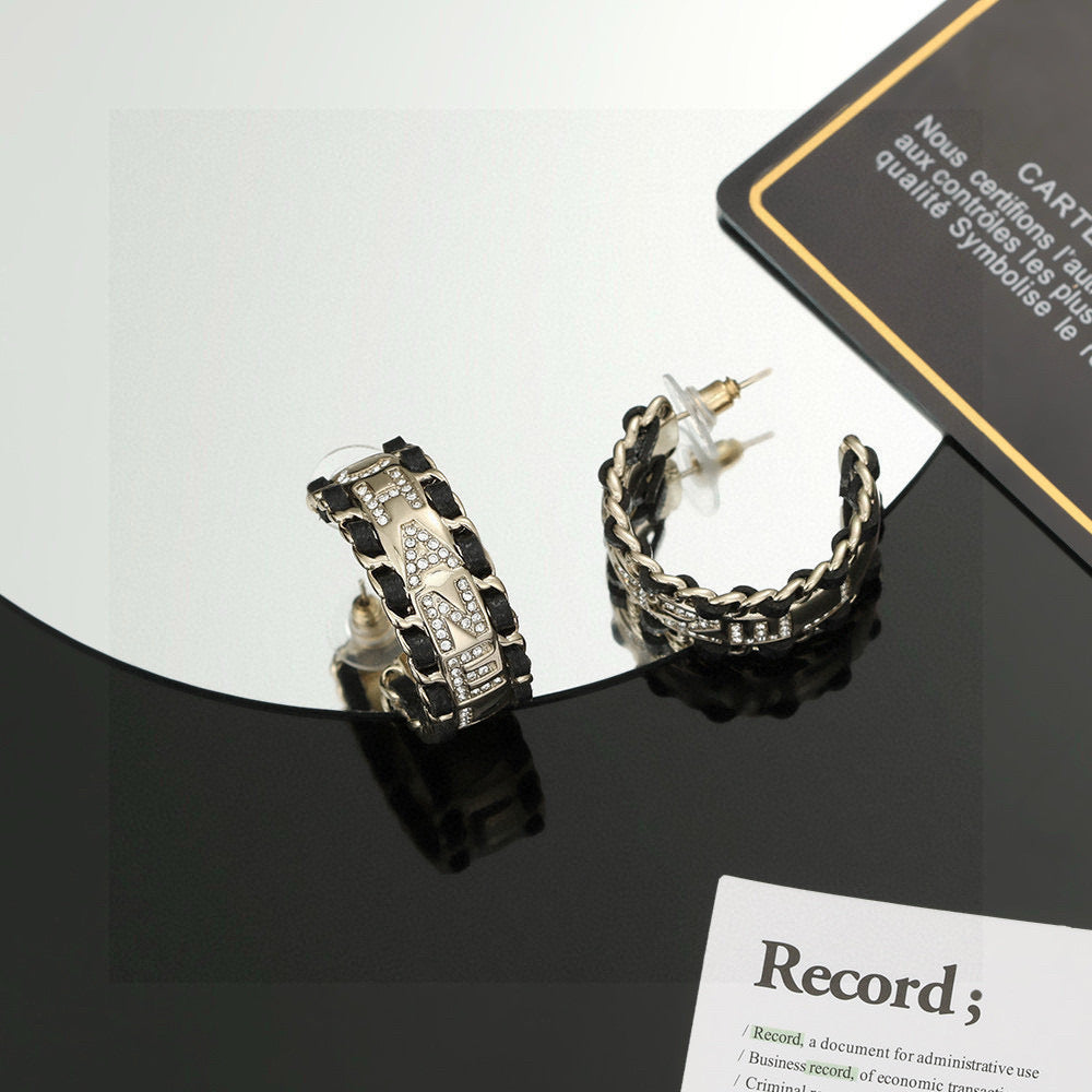 Signature Emblem Stud Earrings in Silver-Tone – Black Detail – Design 002 main product view
