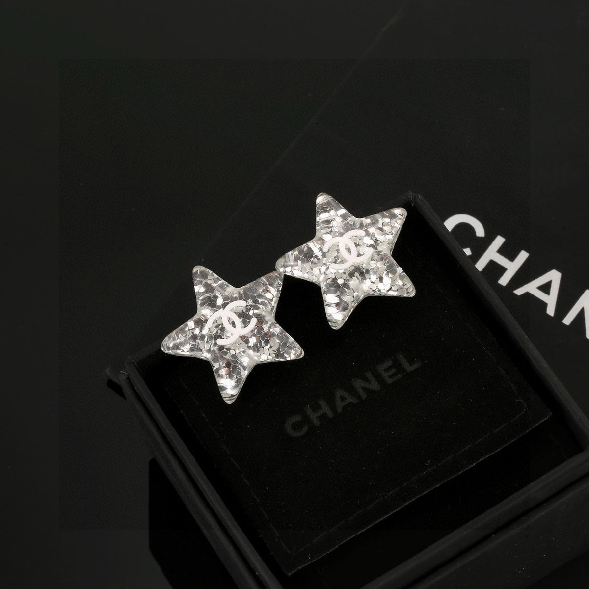 Double-C Emblem Stud Earrings in Silver-Tone – Star Detail – Design 002 main product view