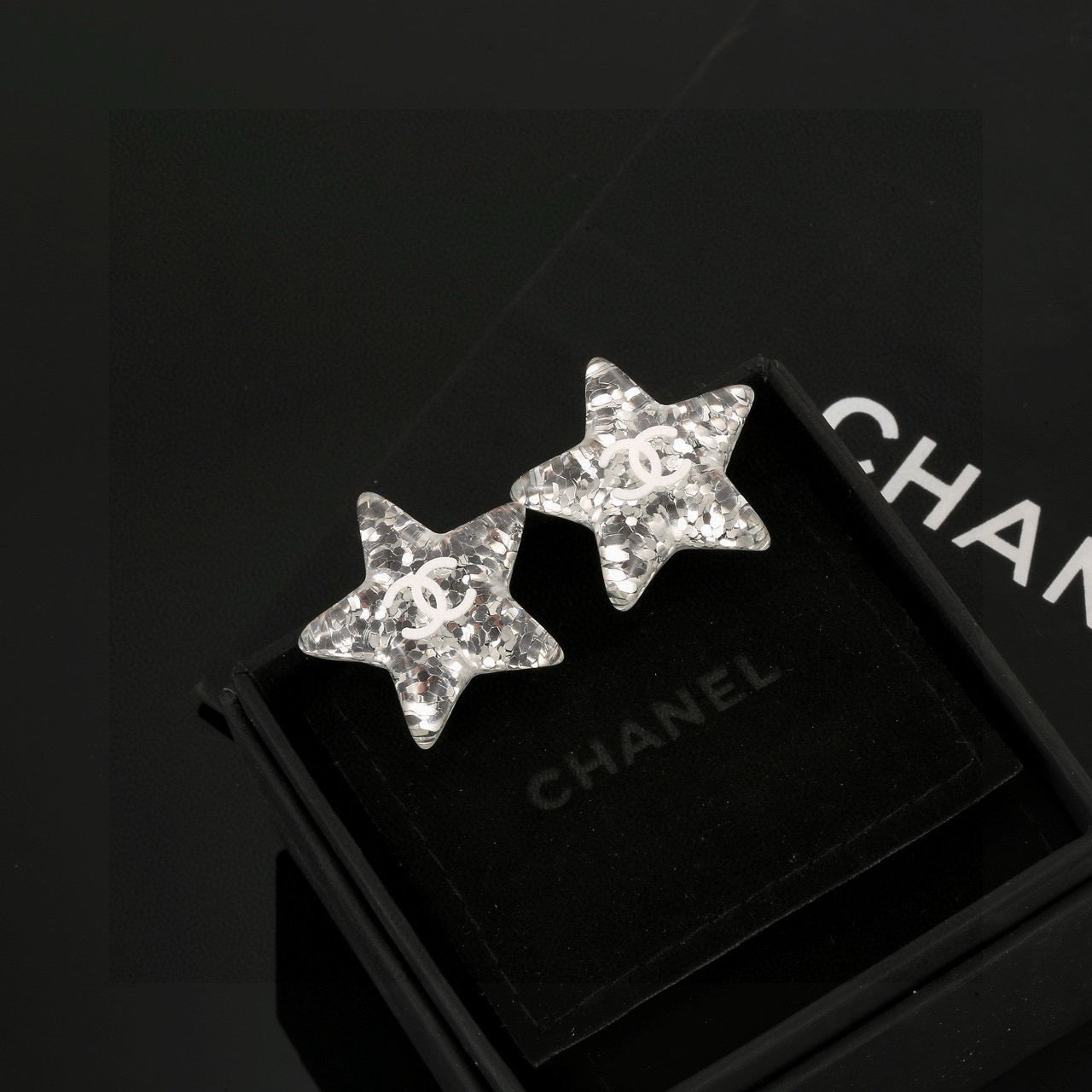 Double-C Emblem Stud Earrings in Silver-Tone – Star Detail – Design 002 main product view