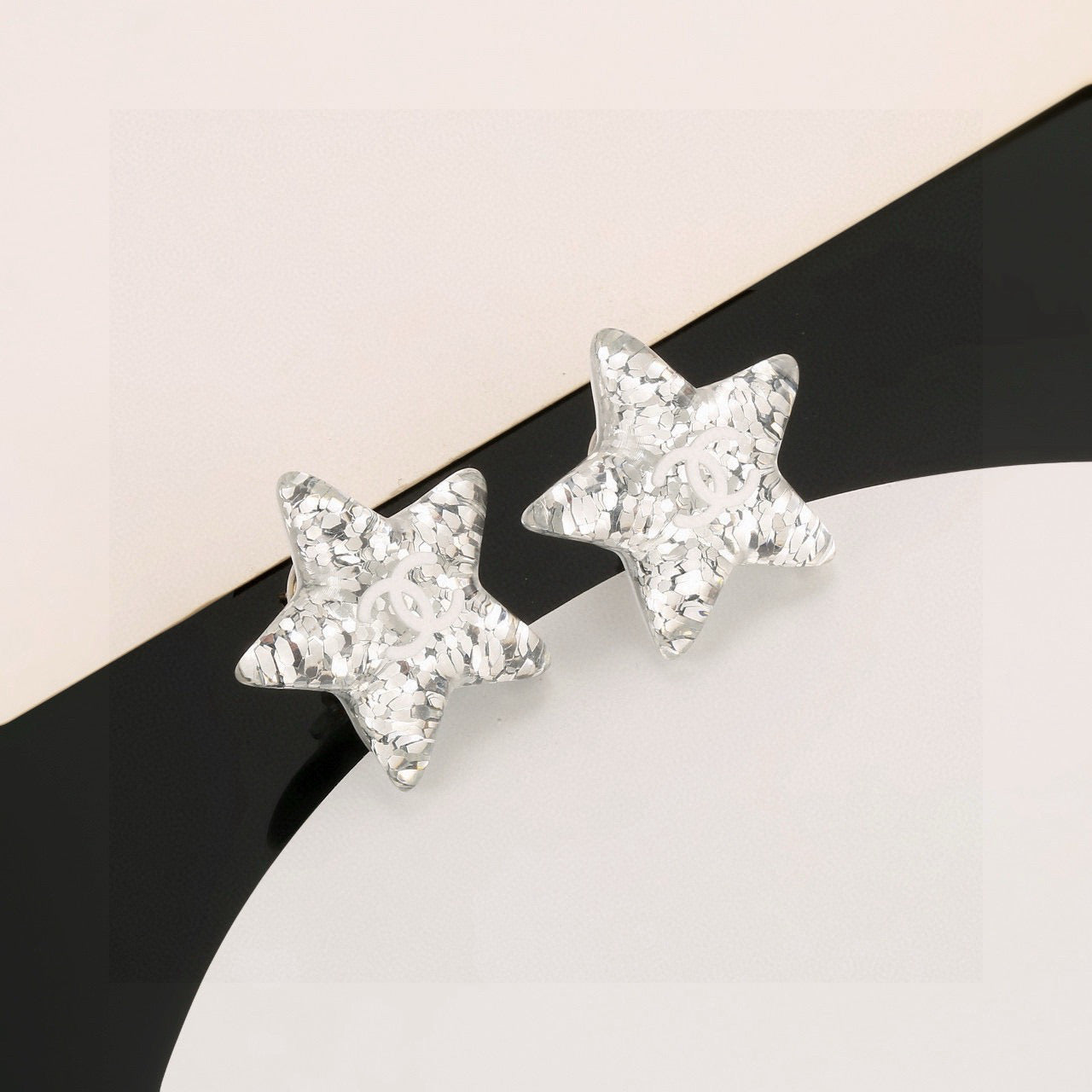 Double-C Emblem Stud Earrings in Silver-Tone – Star Detail – Design 002 front product view
