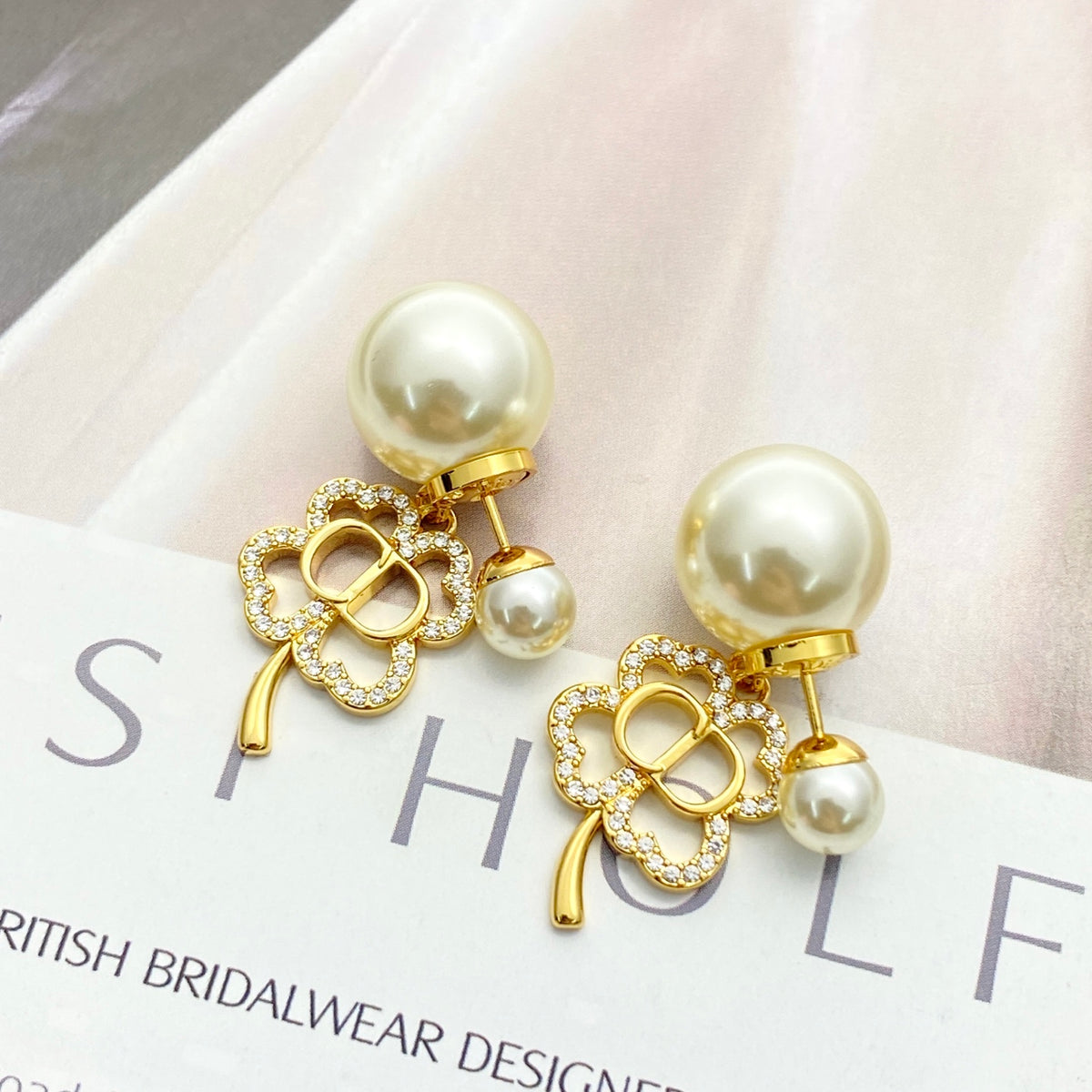 Pearl-Style Motif Stud Earrings in Gold-Tone with Pearl-Style Detail – Design 003 front view