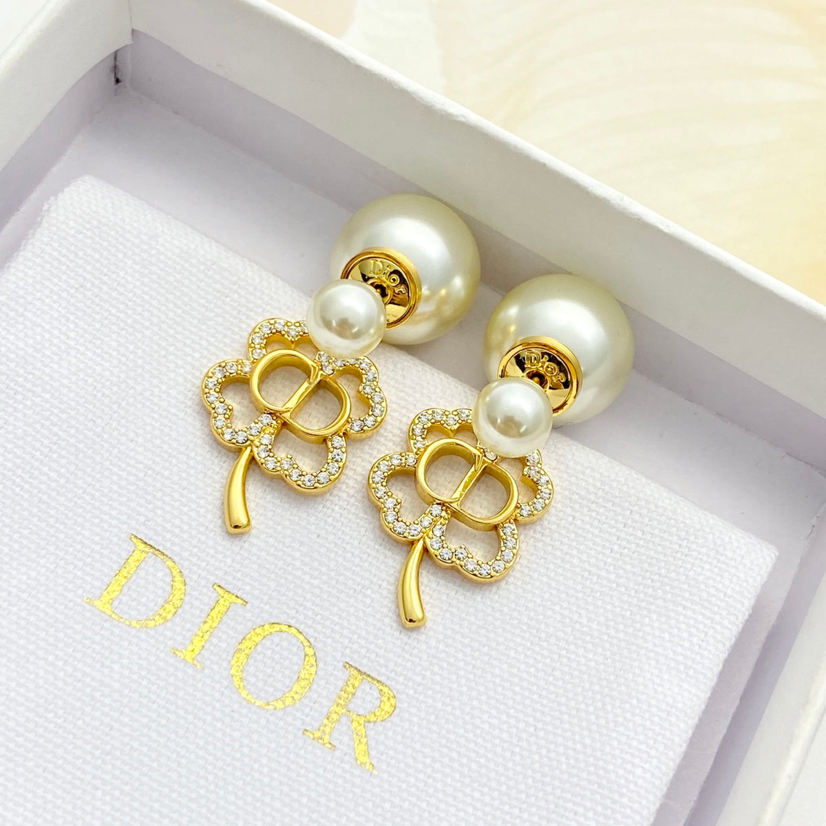 Pearl-Style Motif Stud Earrings in Gold-Tone with Pearl-Style Detail – Design 003 styled view