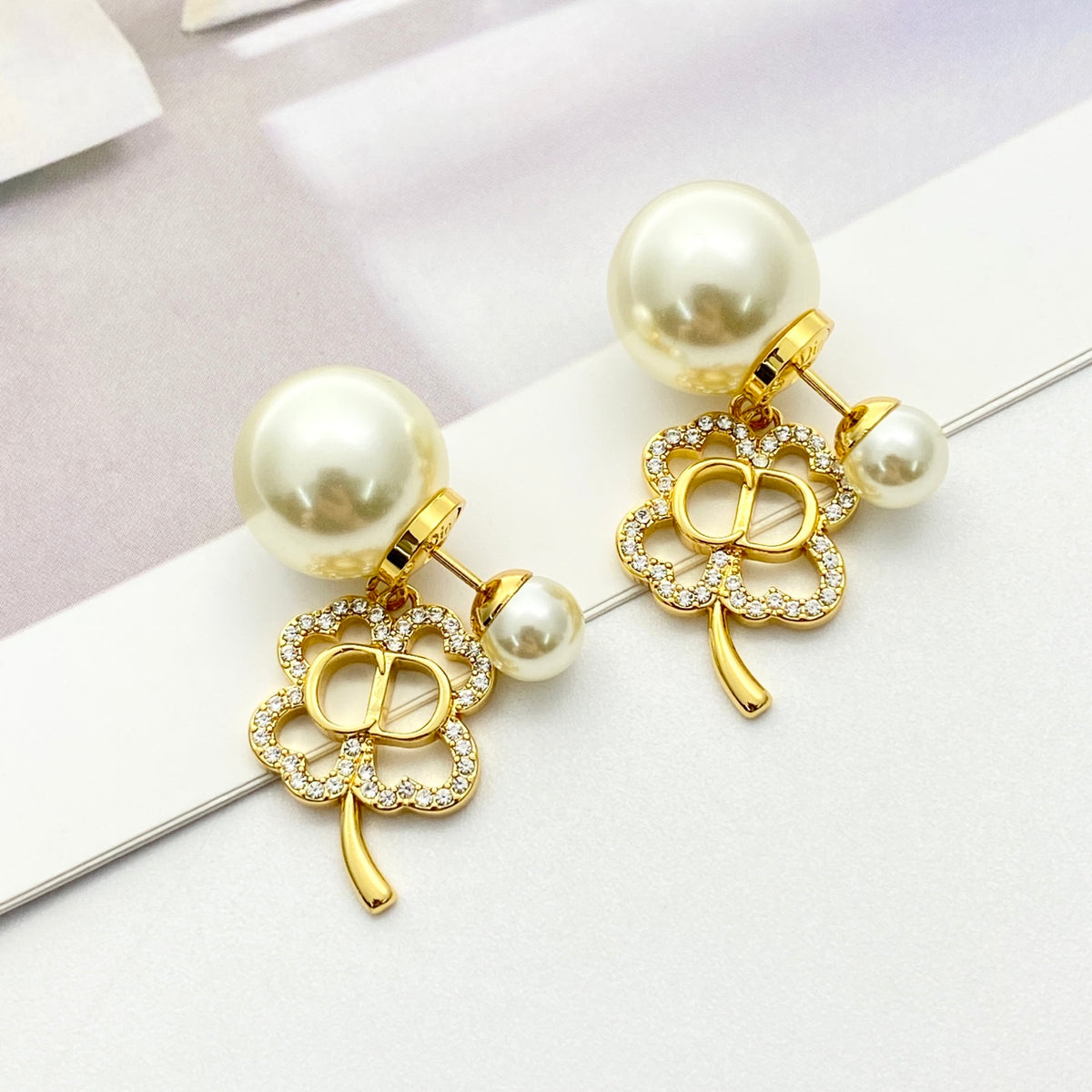 Pearl-Style Motif Stud Earrings in Gold-Tone with Pearl-Style Detail – Design 003 main product view