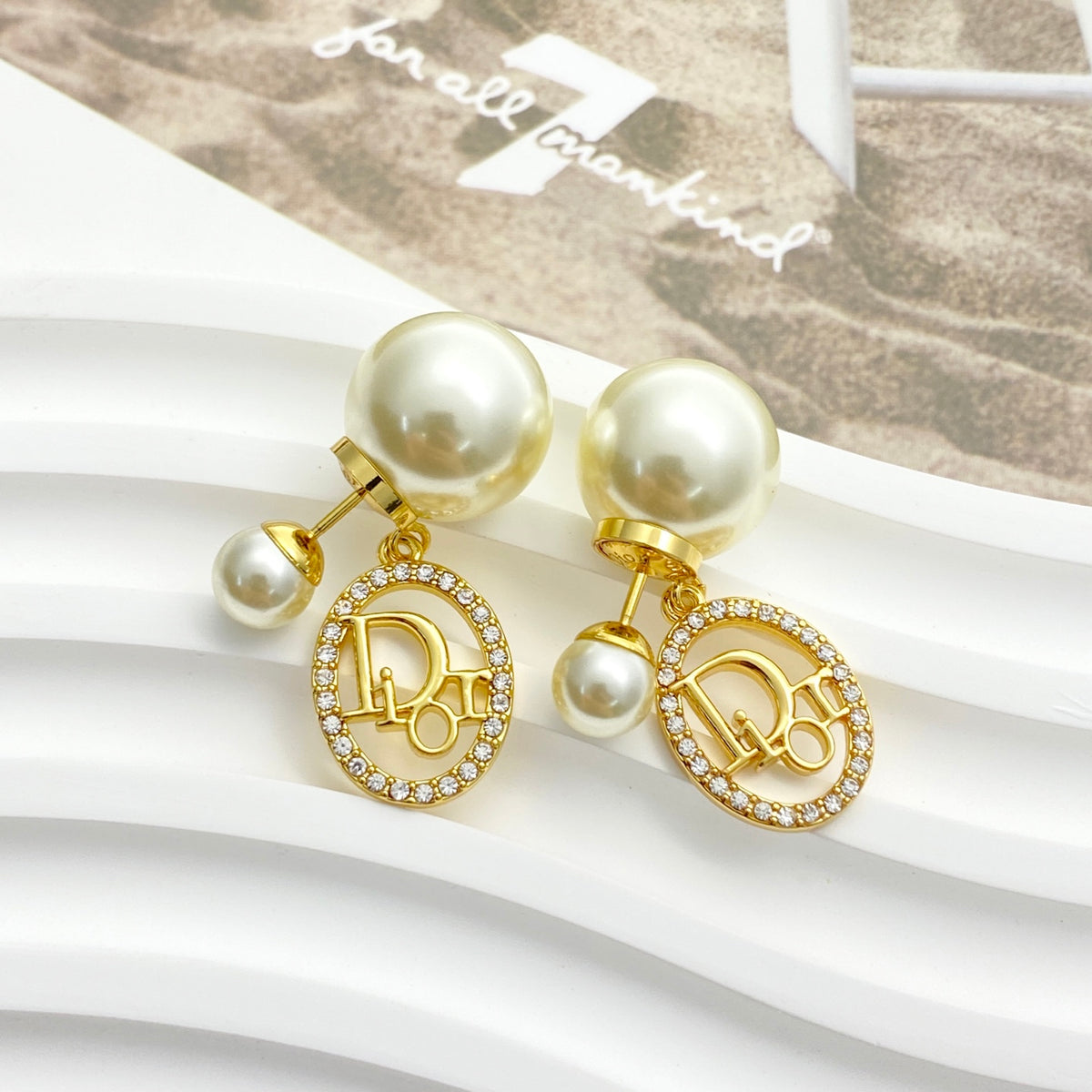 Pearl-Style Motif Stud Earrings in Gold-Tone with Pearl-Style Detail – Design 004 styled view