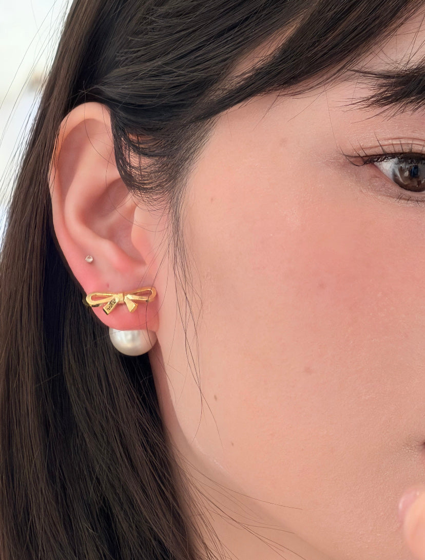 Bow & Butterfly Motif Stud Earrings in Gold-Tone with Pearl-Style Detail – Design 002 detail view
