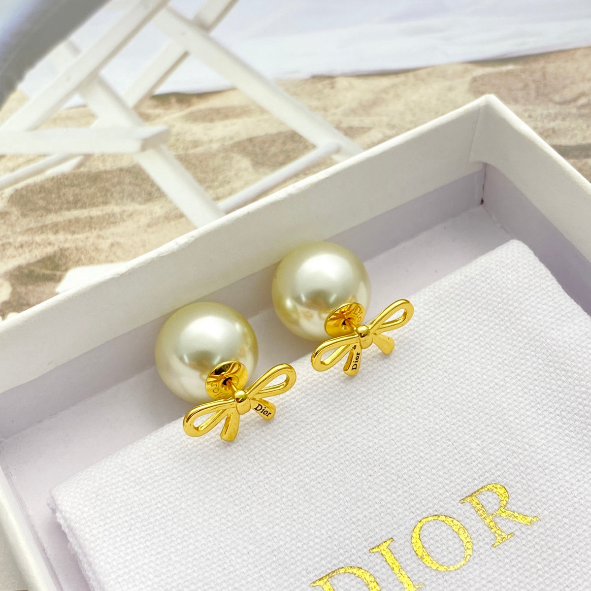 Bow & Butterfly Motif Stud Earrings in Gold-Tone with Pearl-Style Detail – Design 002 main product view