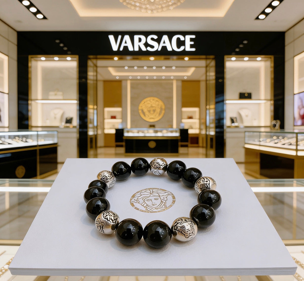 Medusa Head Beaded Bracelet with Agate-Style Beads – Rock-Inspired detail view