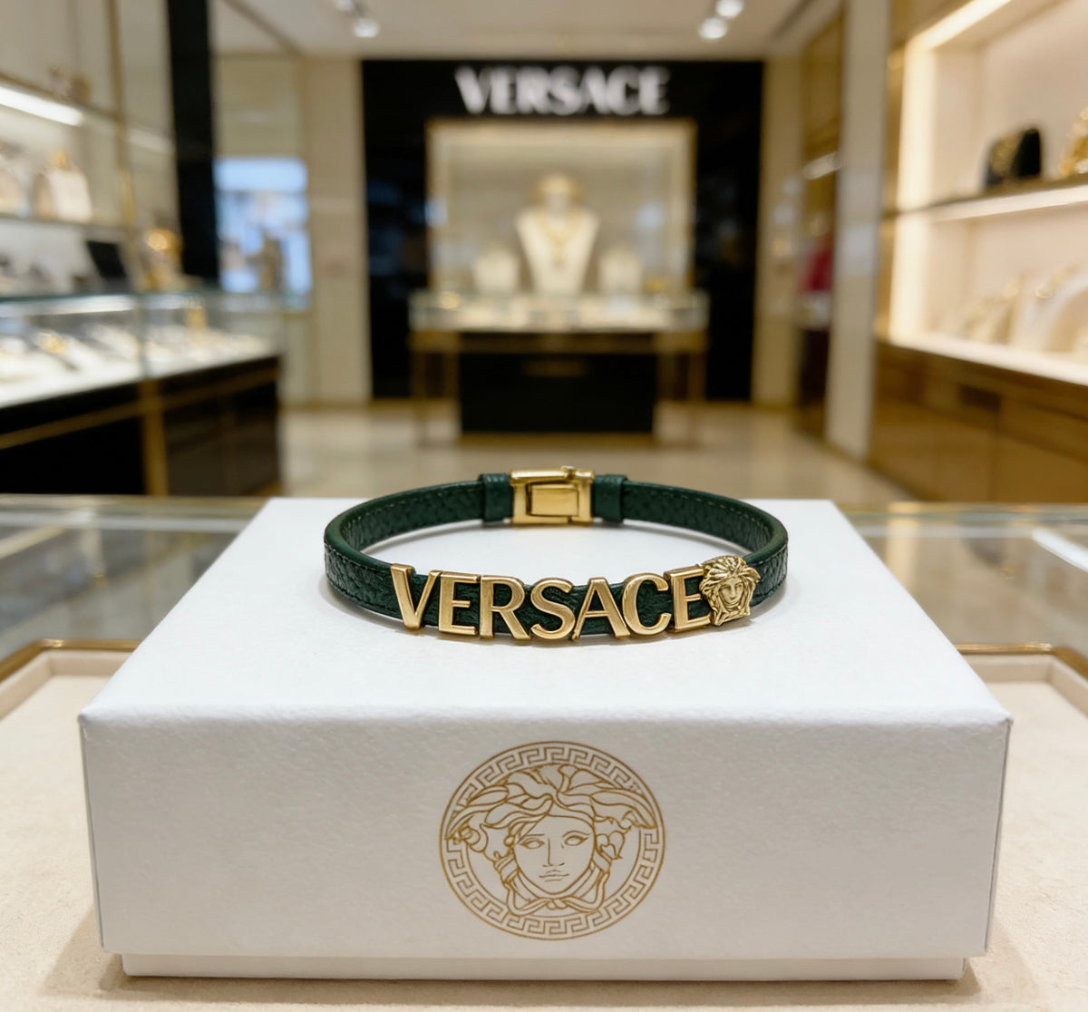 Medusa Head Leather Cord Bracelet in Polished Metal-Tone front product view
