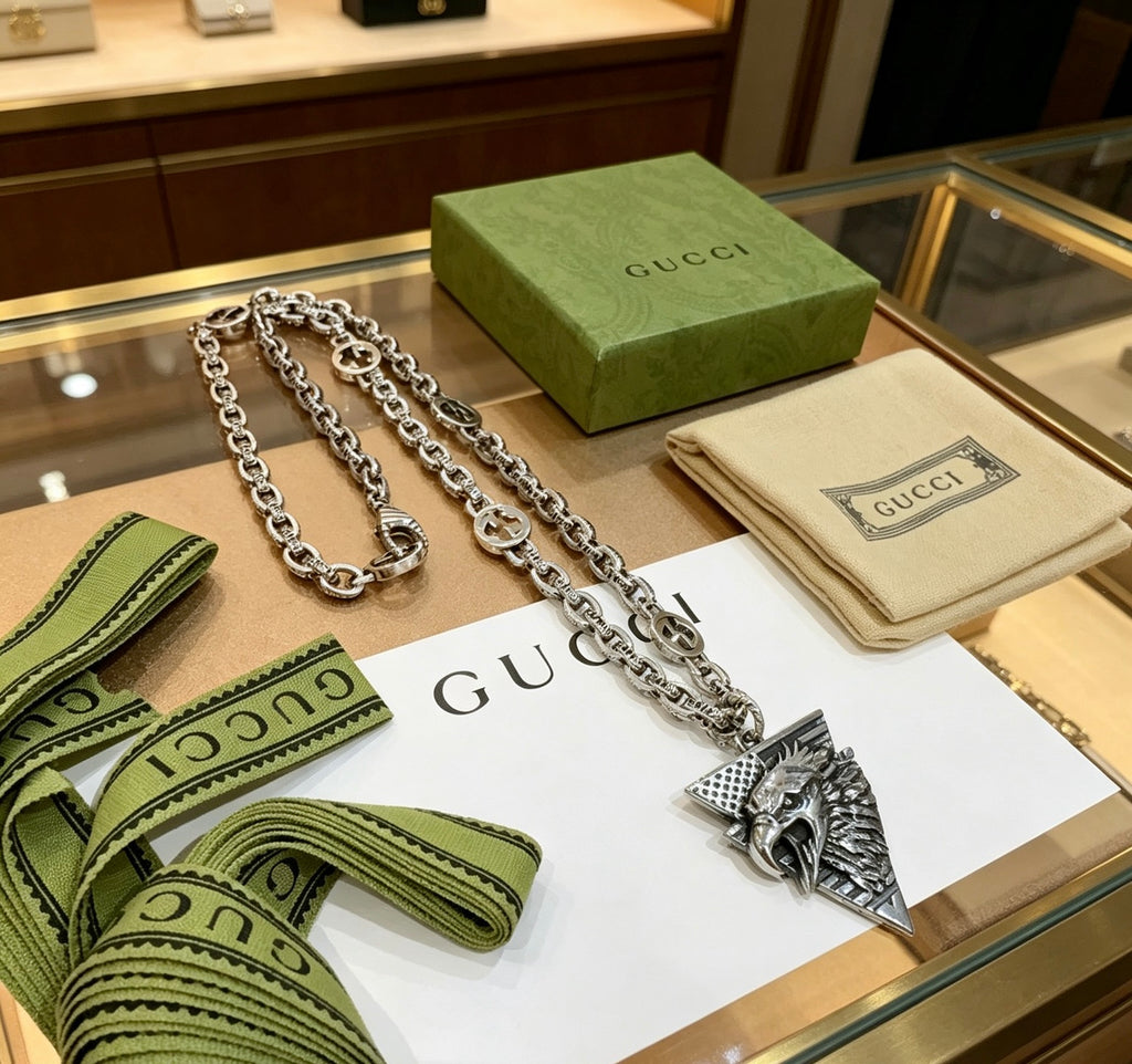 Double-G Emblem Pendant Necklace in Polished Metal-Tone – Vintage Detail – Design 017 main product view