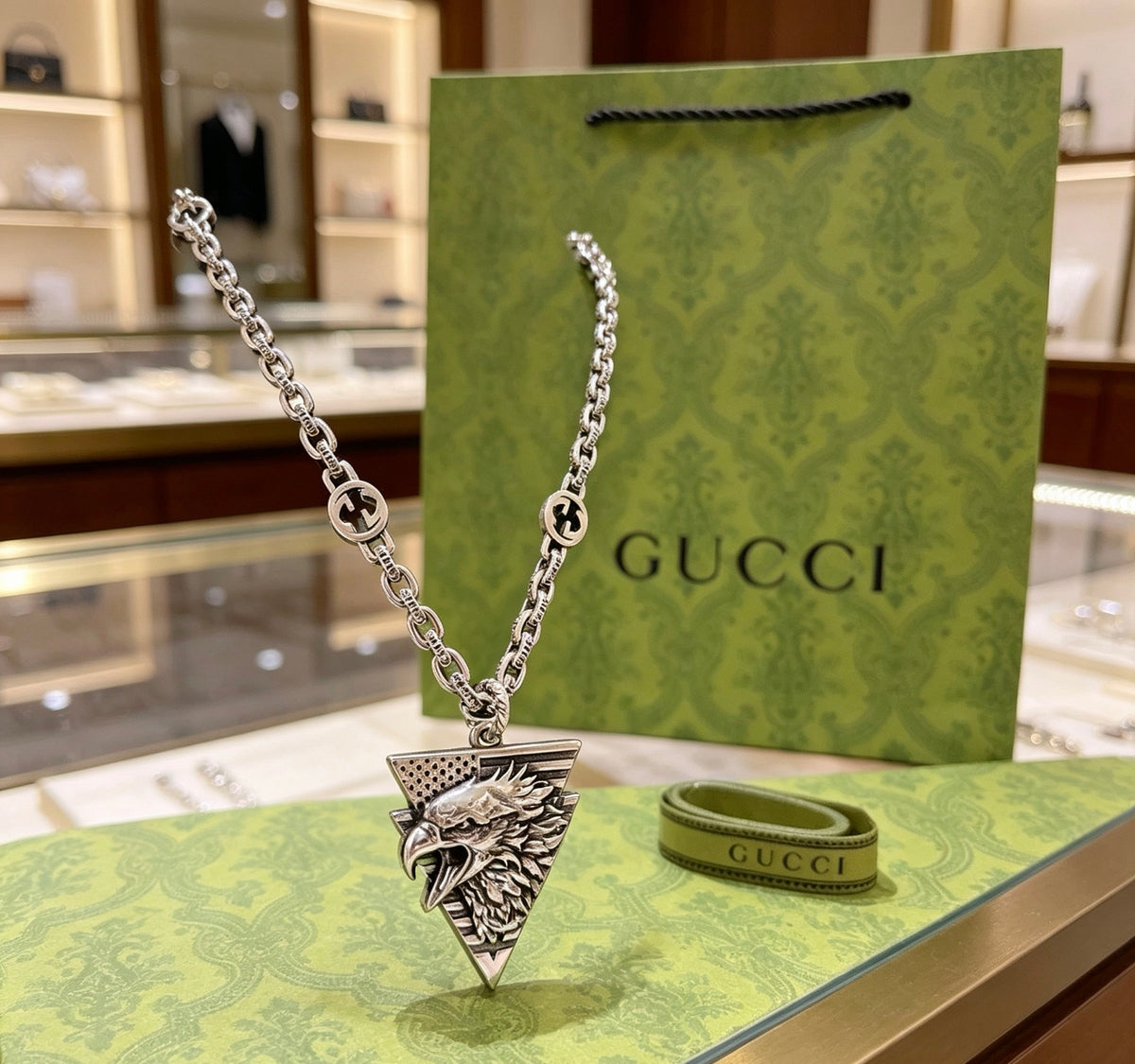 Double-G Emblem Pendant Necklace in Polished Metal-Tone – Vintage Detail – Design 014 styled product view