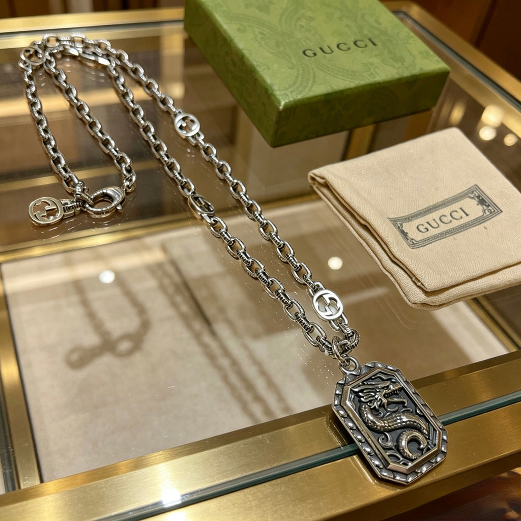 Double-G Emblem Pendant Necklace in Polished Metal-Tone – Design 056 main product view