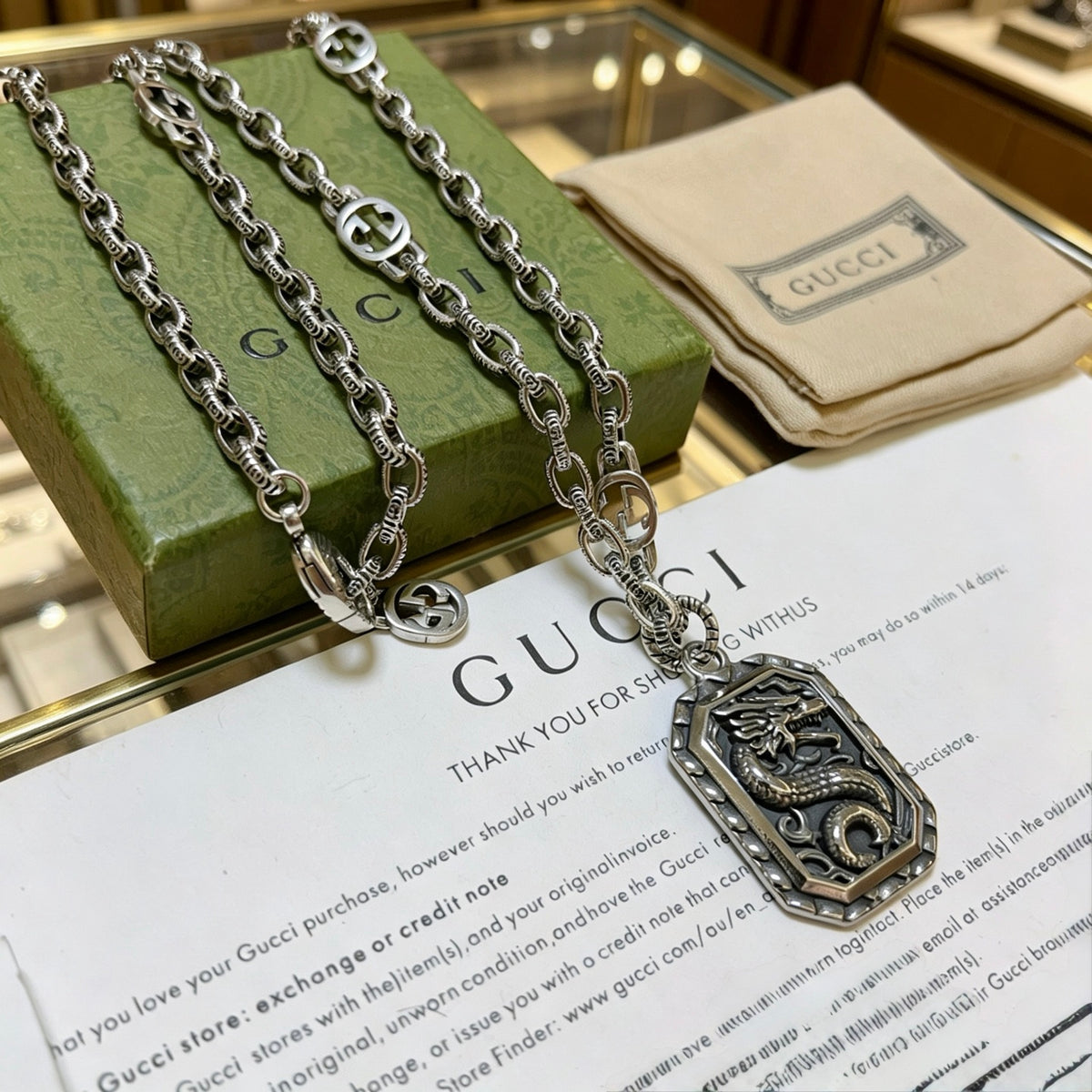 Double-G Emblem Pendant Necklace in Polished Metal-Tone – Design 073 side detail