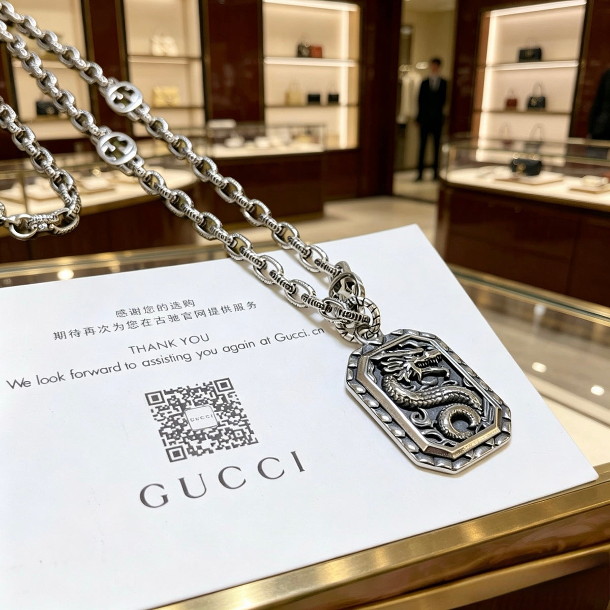 Double-G Emblem Pendant Necklace in Polished Metal-Tone – Design 056 front product view