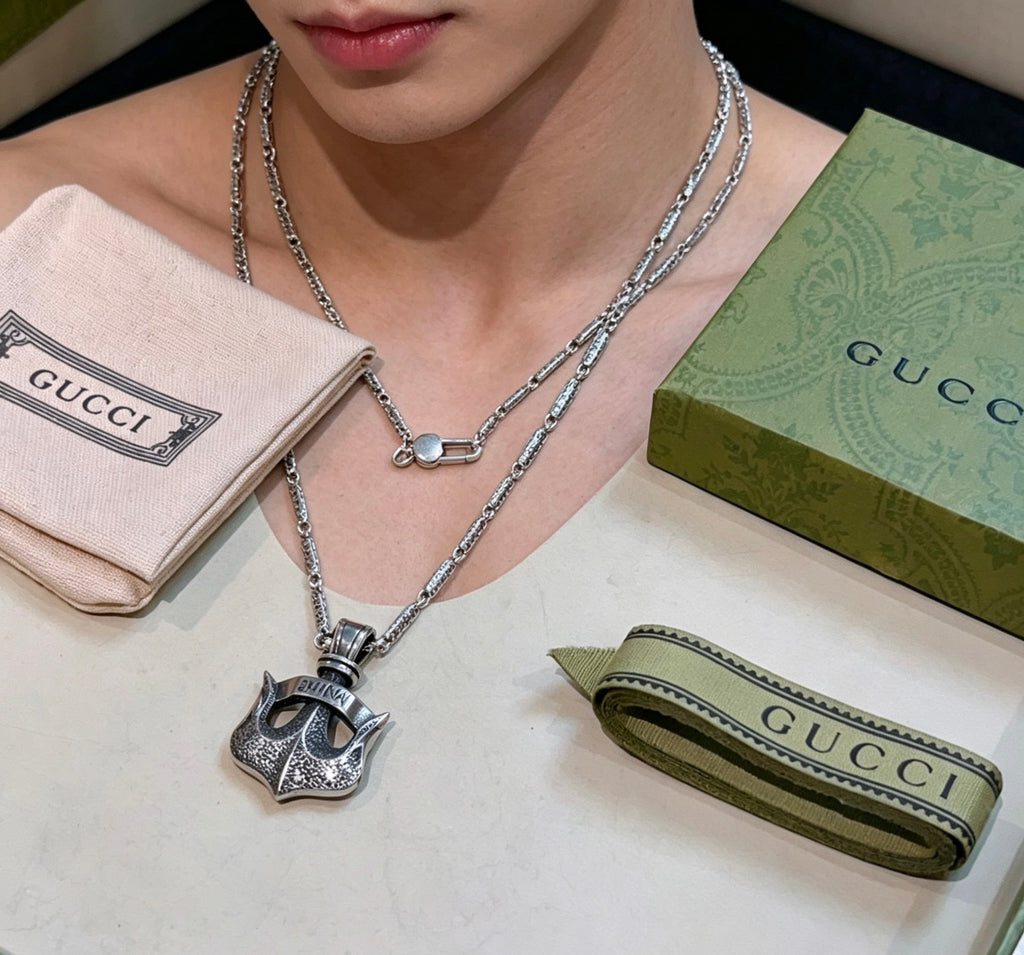 Double-G Emblem Pendant Necklace in Polished Metal-Tone – Design 072 main product view