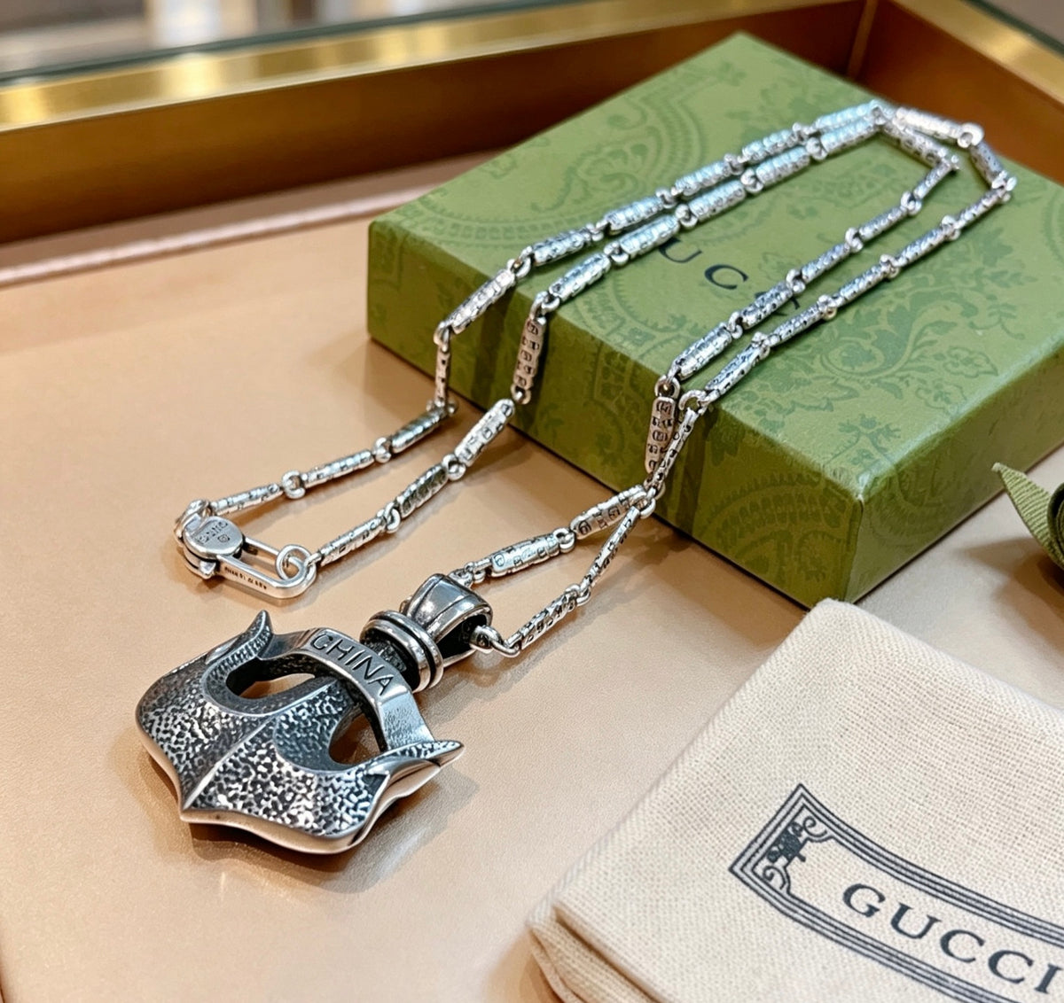 Double-G Emblem Pendant Necklace in Polished Metal-Tone – Design 072 main product view