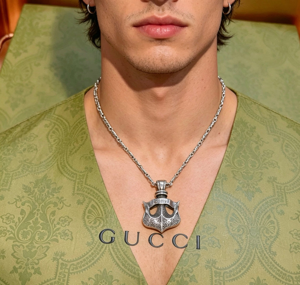 Double-G Emblem Pendant Necklace in Polished Metal-Tone – Design 055 styled product view