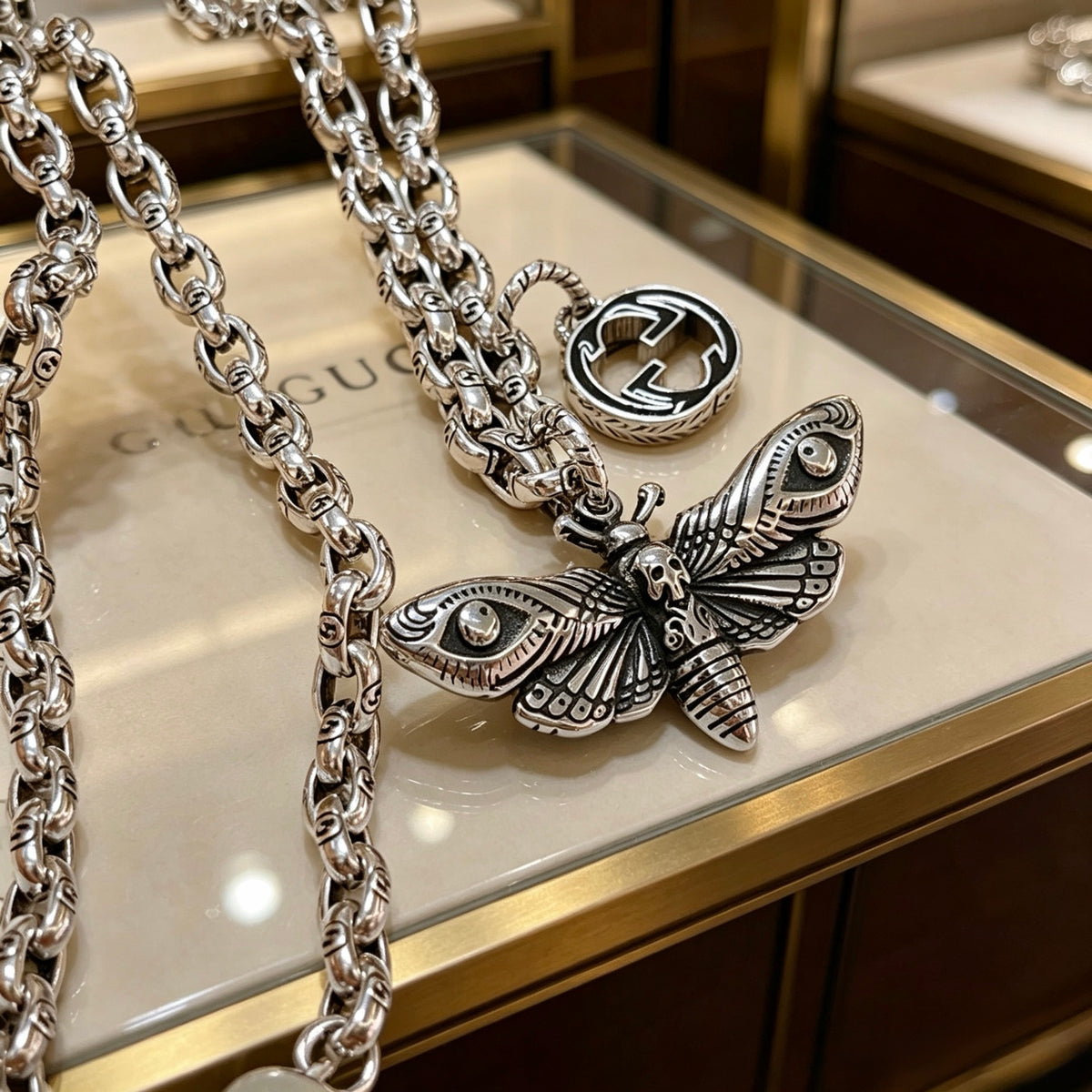 Double-G Emblem Pendant Necklace in Polished Metal-Tone – Design 054 styled product view