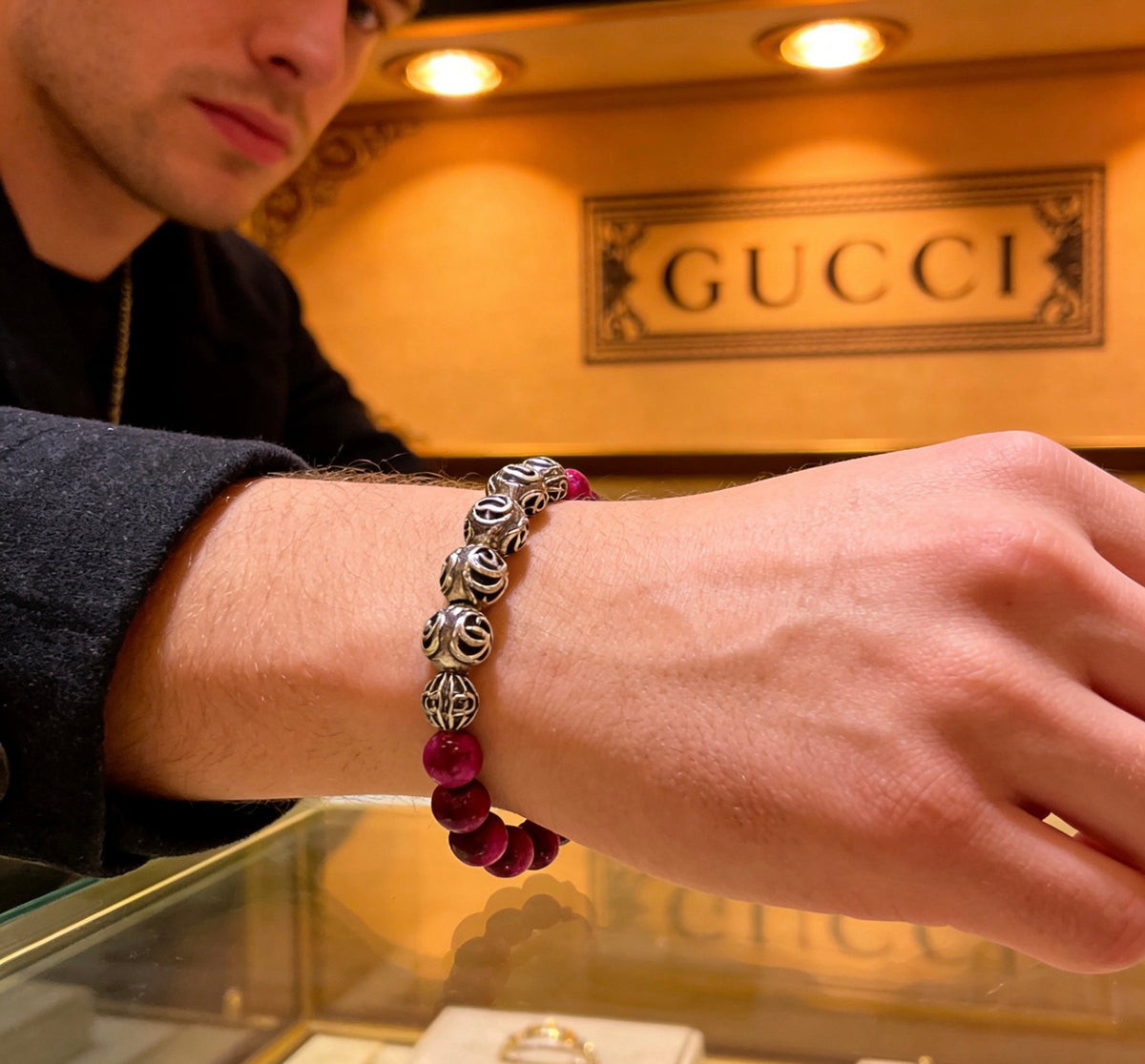 Double-G Emblem Beaded Bracelet in Polished Metal-Tone – Crystal Detail – Design 008 detail view