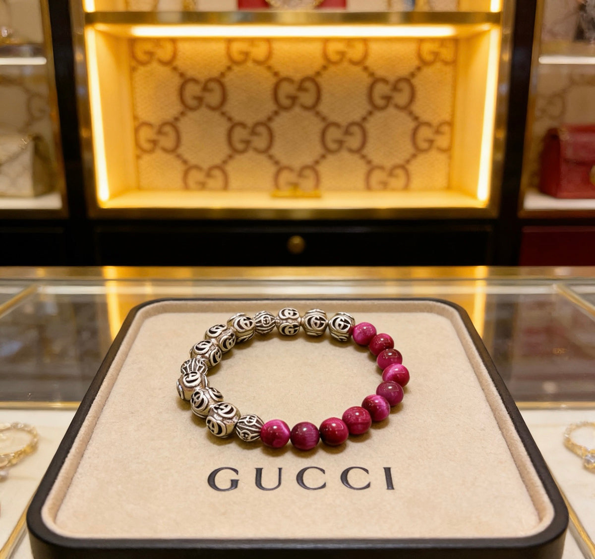 Double-G Emblem Beaded Bracelet in Polished Metal-Tone – Crystal Detail – Design 006 main product view
