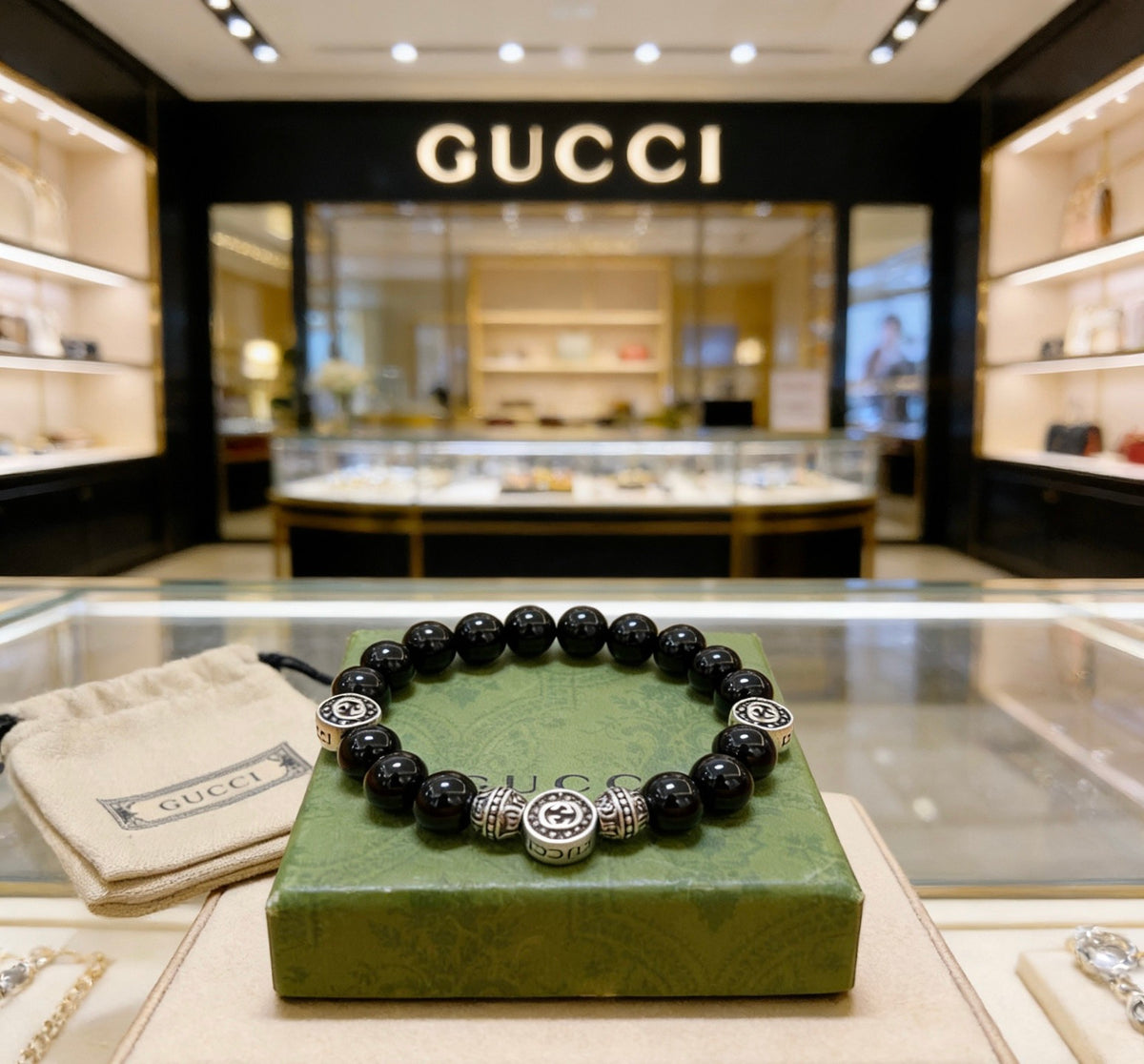 Double-G Emblem Beaded Bracelet in Polished Metal-Tone – Agate Detail – Design 010 main product view