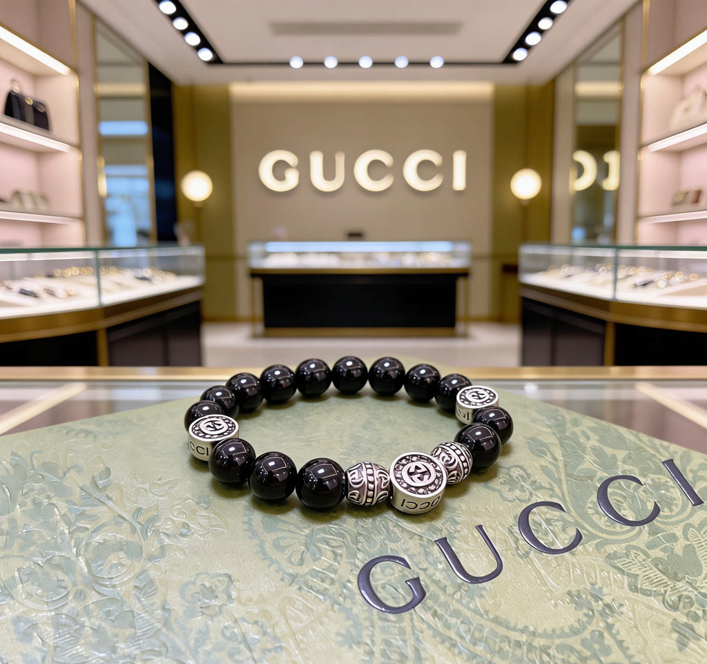 Double-G Emblem Beaded Bracelet in Polished Metal-Tone – Agate Detail – Design 009 front product view