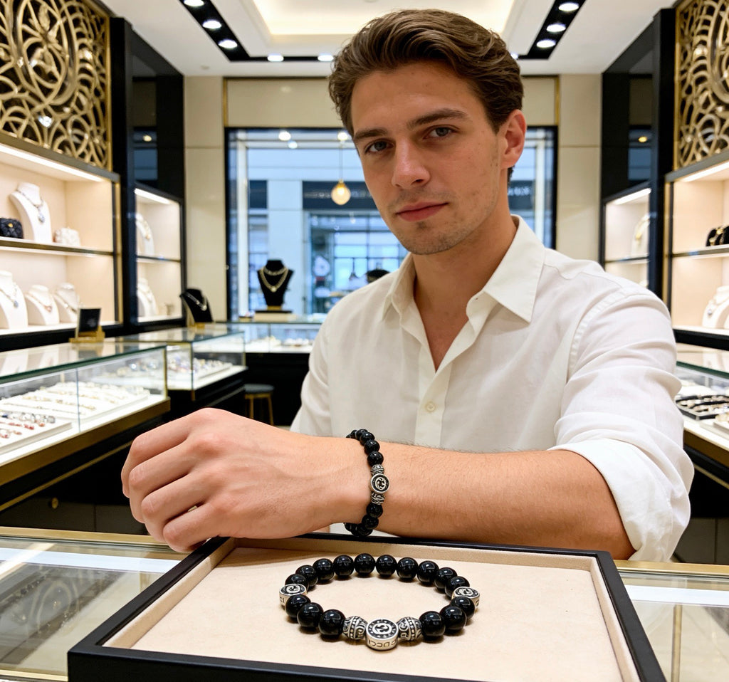 Double-G Emblem Beaded Bracelet in Polished Metal-Tone – Agate Detail – Design 010 detail view