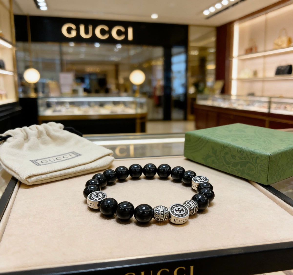 Double-G Emblem Beaded Bracelet in Polished Metal-Tone – Agate Detail – Design 010 front product view